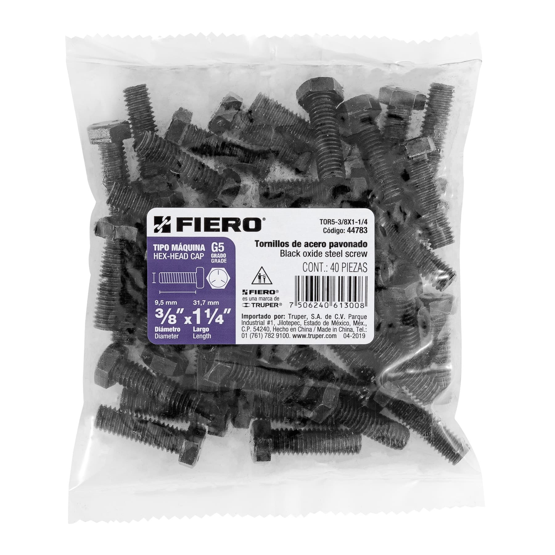 Bolsa con 40 tornillos 3/8" x 1-1/4" acero grado 5, FIERO