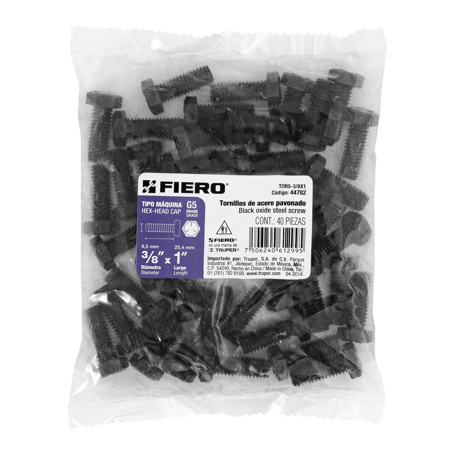 Bolsa con 40 tornillos 3/8" x 1" acero grado 5, FIERO