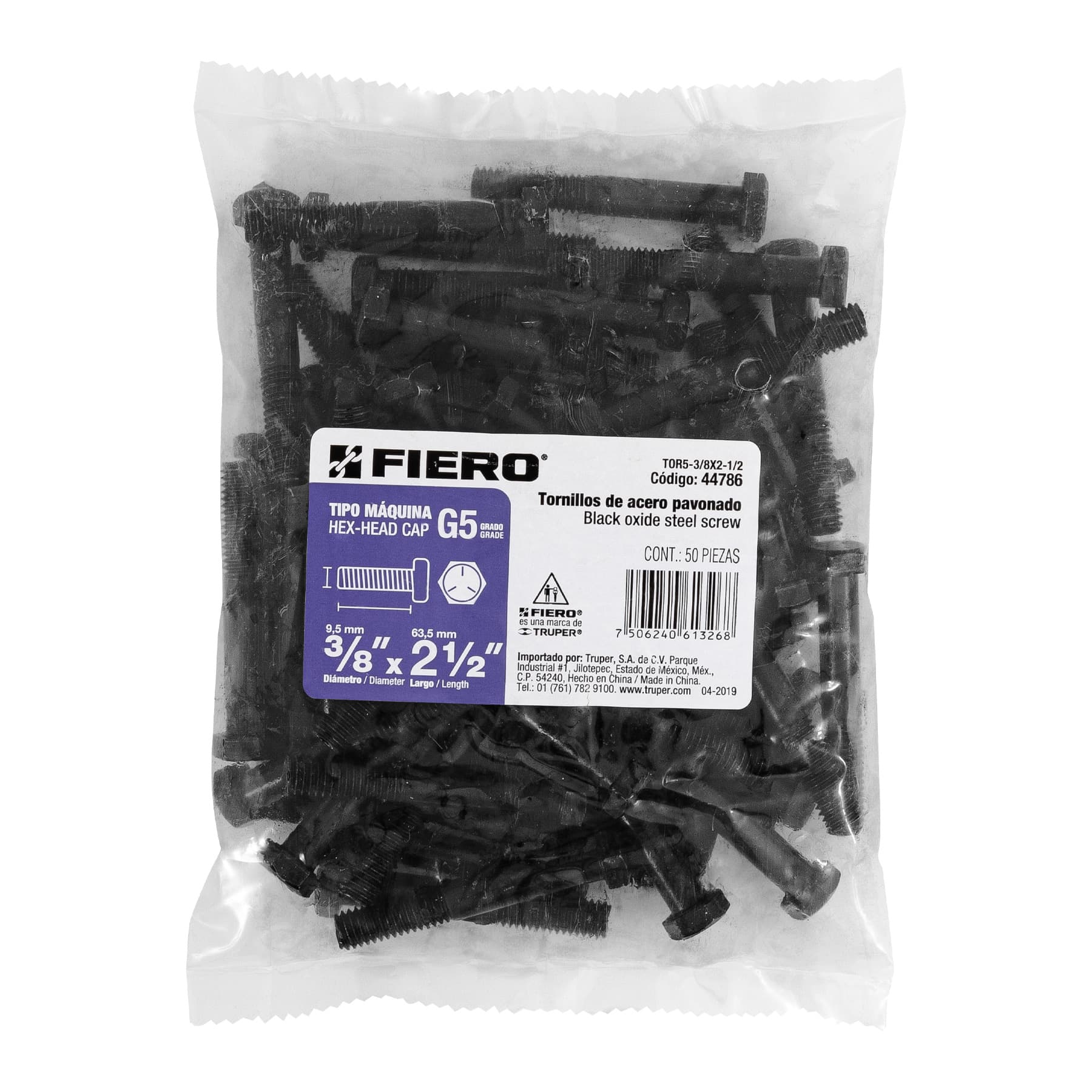 Bolsa con 50 tornillos 3/8" x 2-1/2" acero grado 5, FIERO