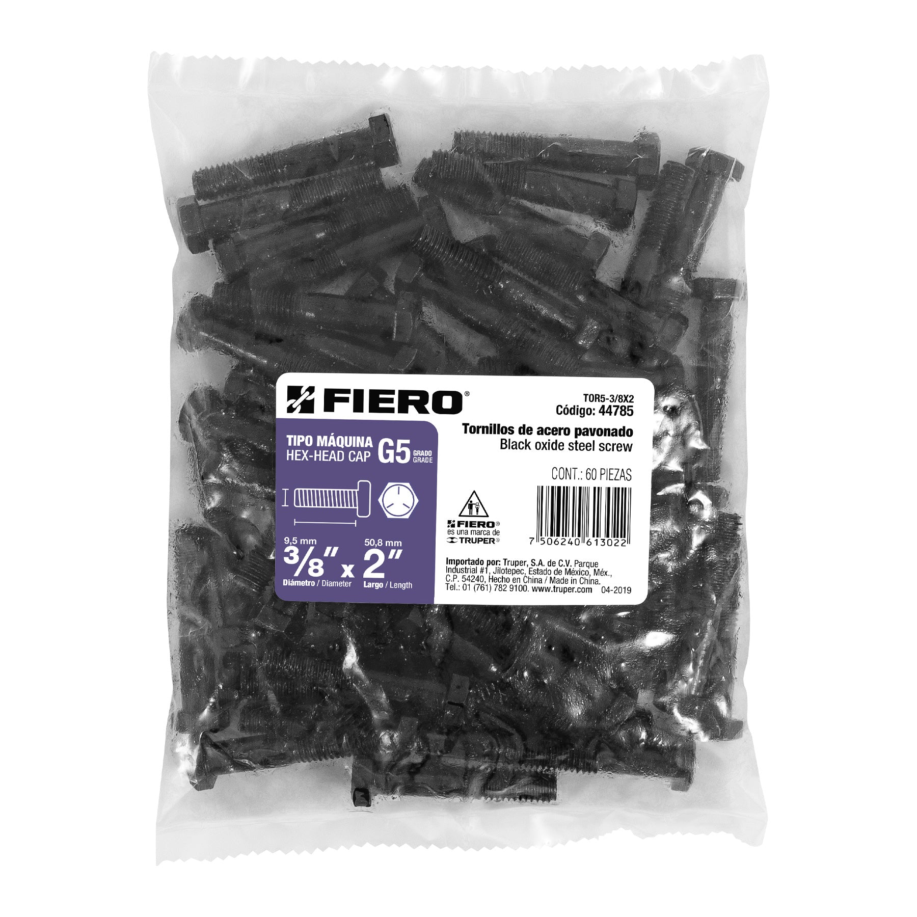 Bolsa con 60 tornillos 3/8" x 2" acero grado 5, FIERO