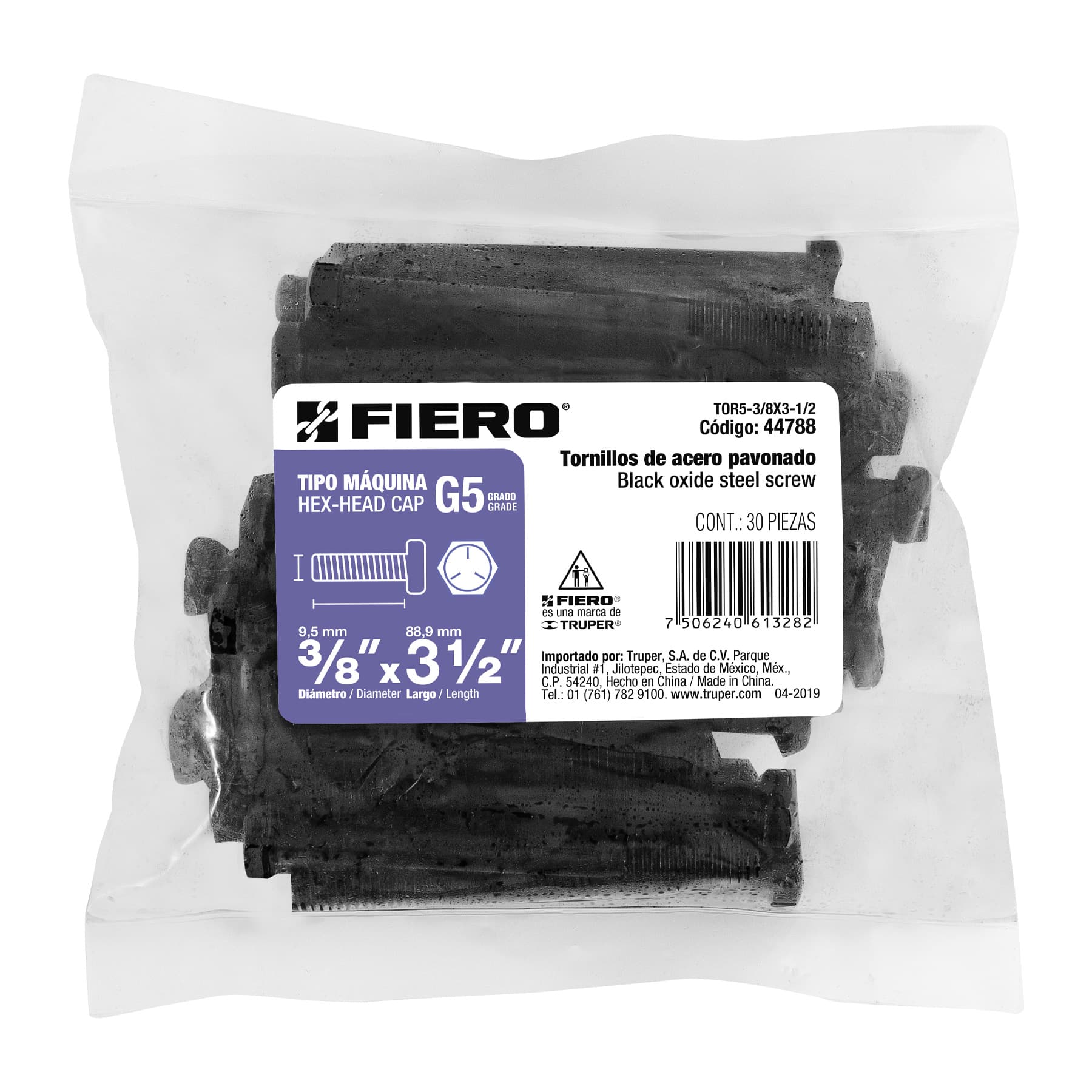 Bolsa con 30 tornillos 3/8" x 3-1/2" acero grado 5, FIERO