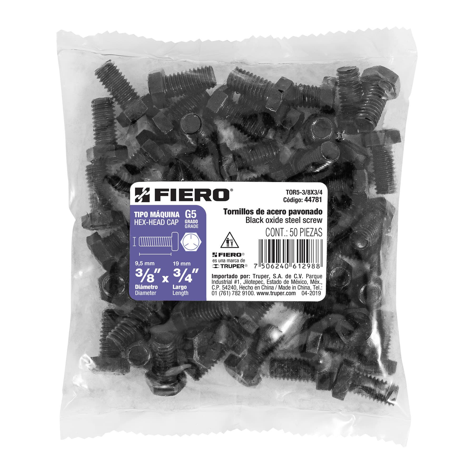 Bolsa con 50 tornillos 3/8" x 3/4" acero grado 5, FIERO