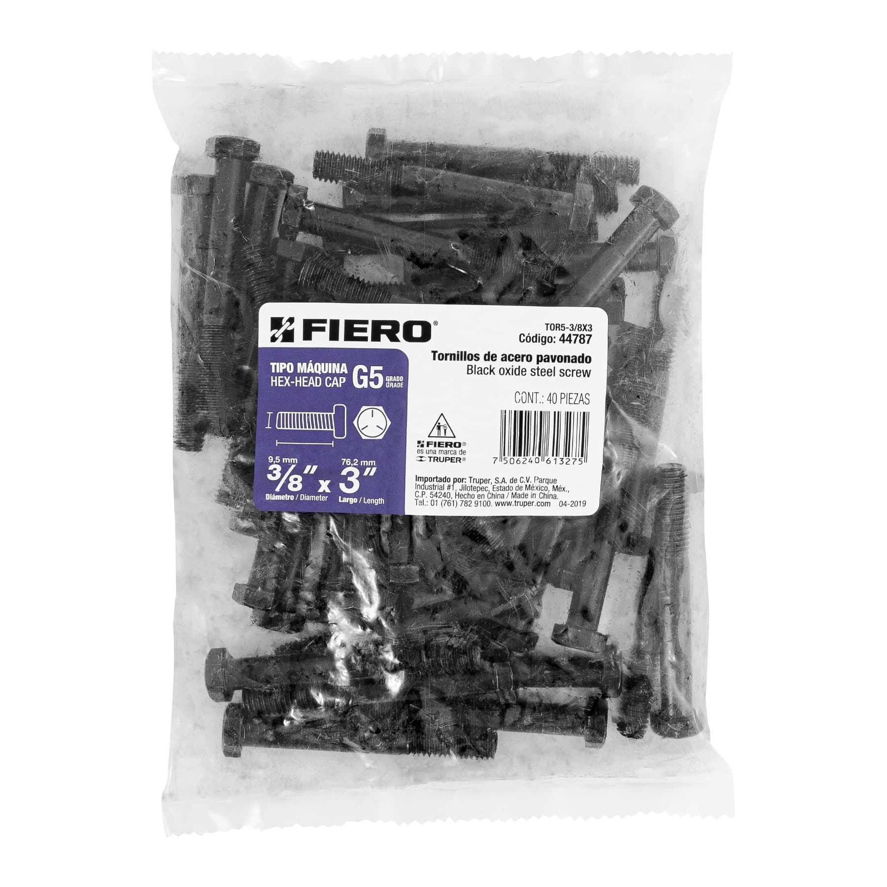 Bolsa con 40 tornillos 3/8" x 3" acero grado 5, FIERO