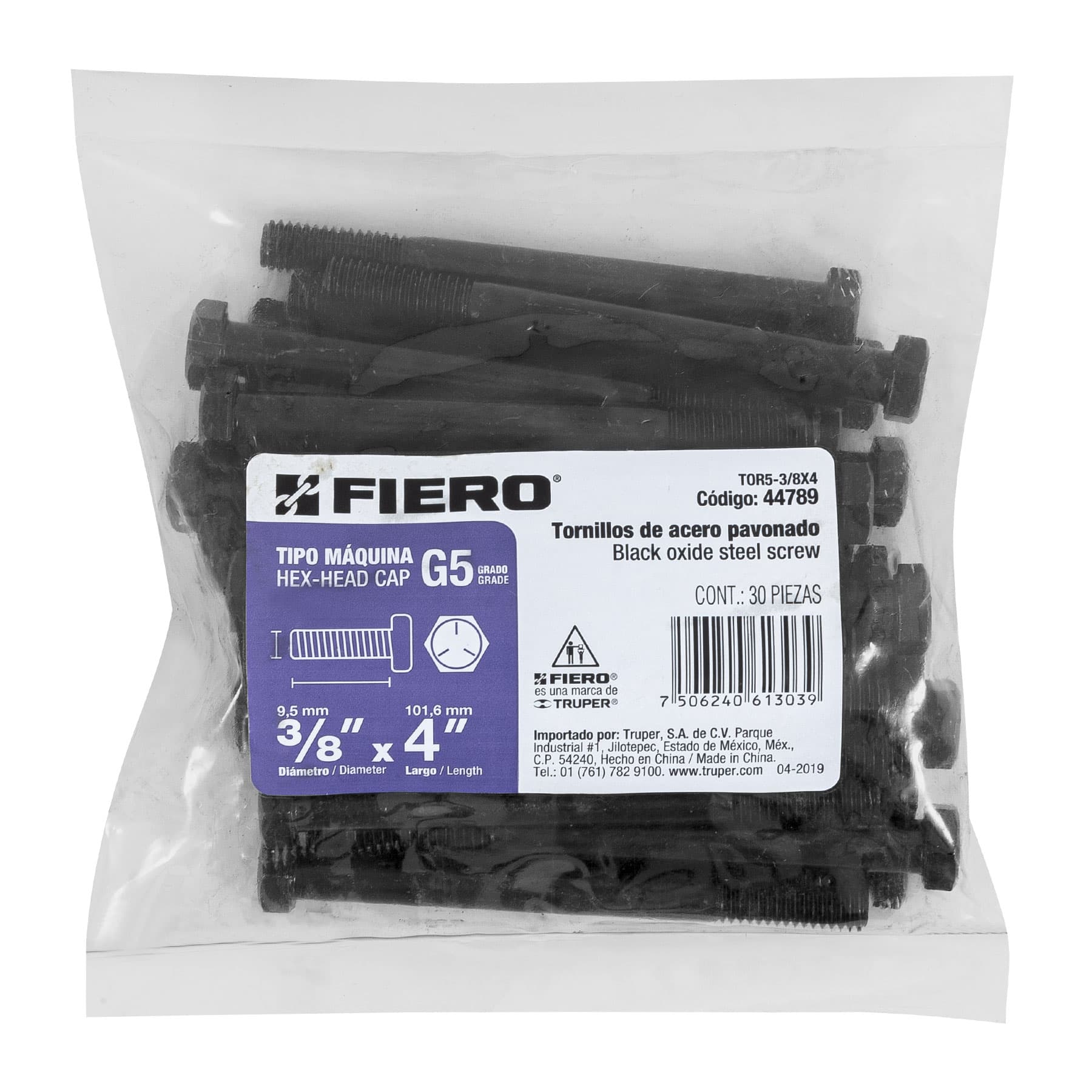 Bolsa con 30 tornillos 3/8" x 4" acero grado 5, FIERO