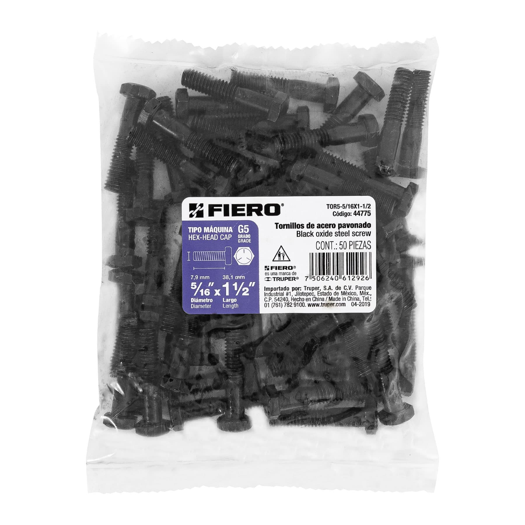 Bolsa con 50 tornillos 5/16" x 1-1/2" acero grado 5, FIERO