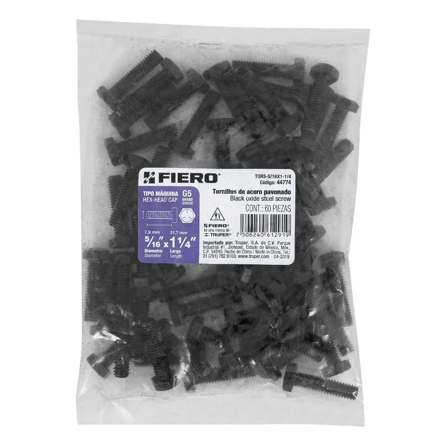 Bolsa con 60 tornillos 5/16" x 1-1/4" acero grado 5, FIERO