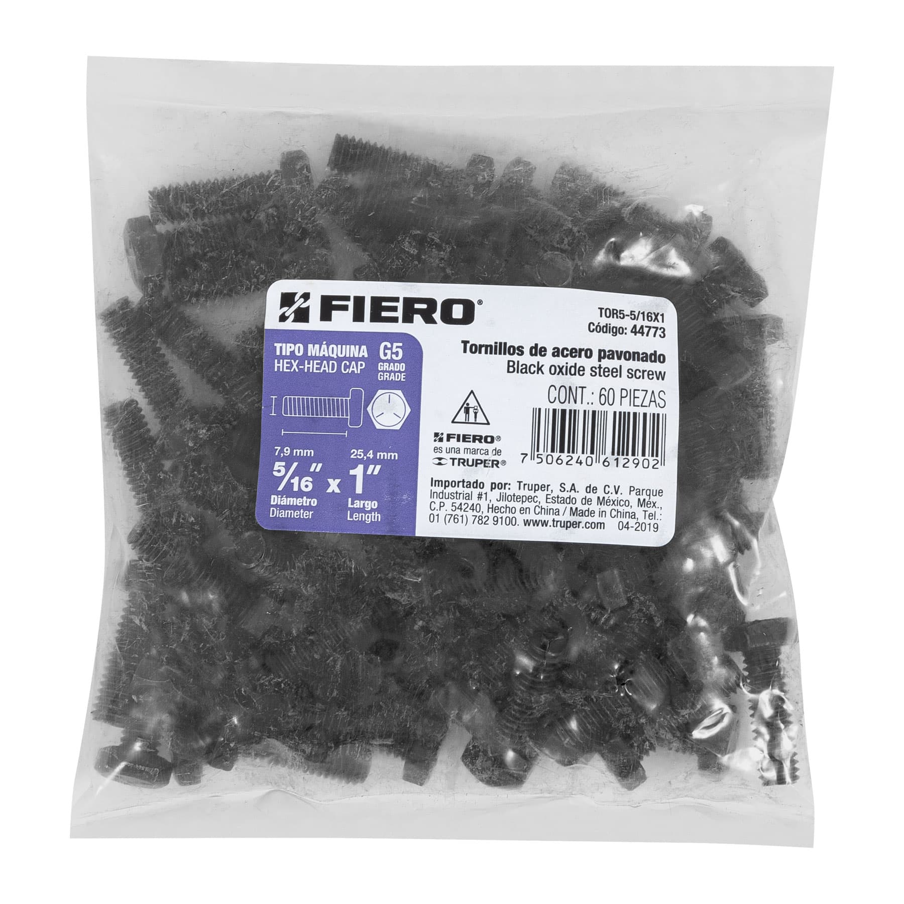 Bolsa con 60 tornillos 5/16" x 1" acero grado 5, FIERO