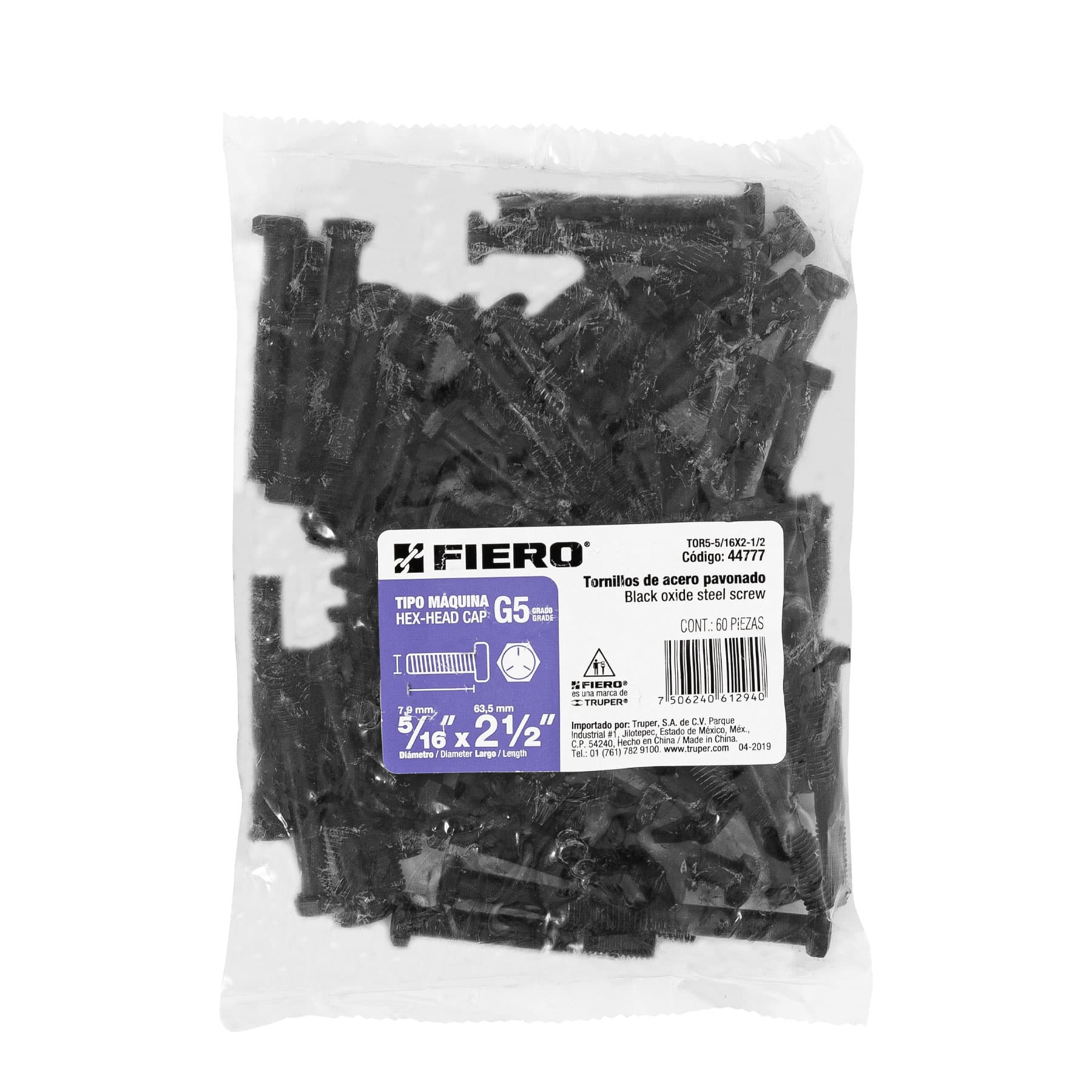Bolsa con 60 tornillos 5/16" x 2-1/2" acero grado 5, FIERO