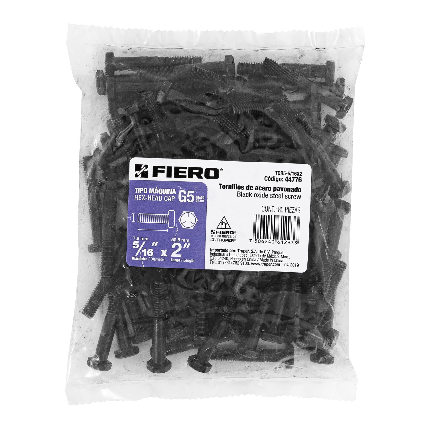 Bolsa con 80 tornillos 5/16" x 2" acero grado 5, FIERO