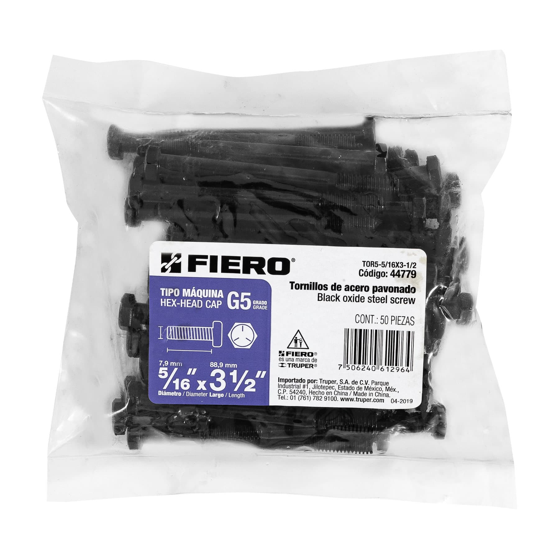 Bolsa con 50 tornillos 5/16" x 3-1/2" acero grado 5, FIERO