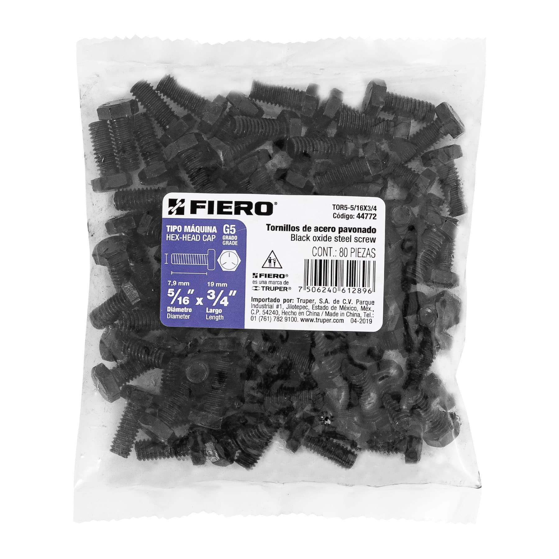 Bolsa con 80 tornillos 5/16" x 3/4" acero grado 5, FIERO