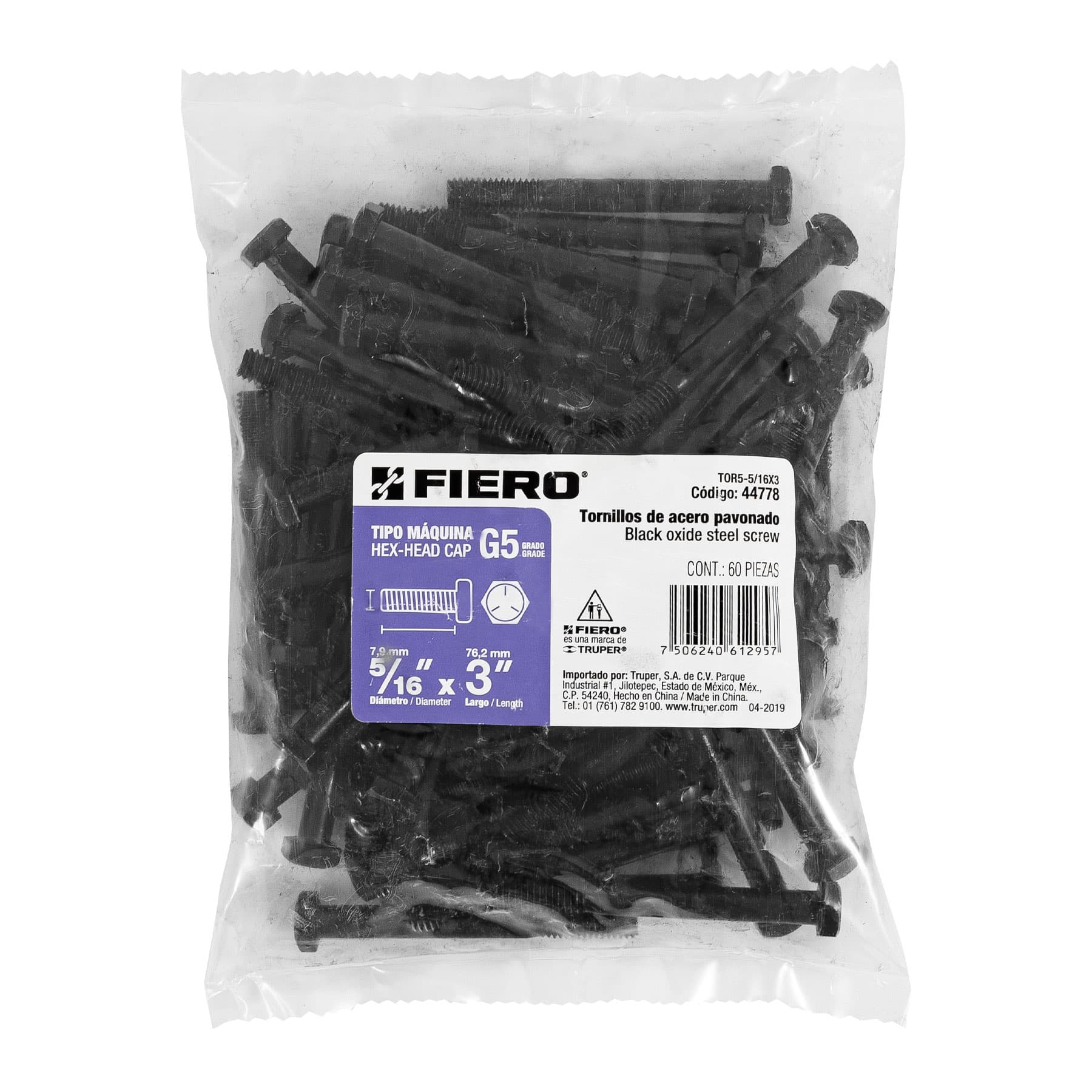 Bolsa con 60 tornillos 5/16" x 3" acero grado 5, FIERO