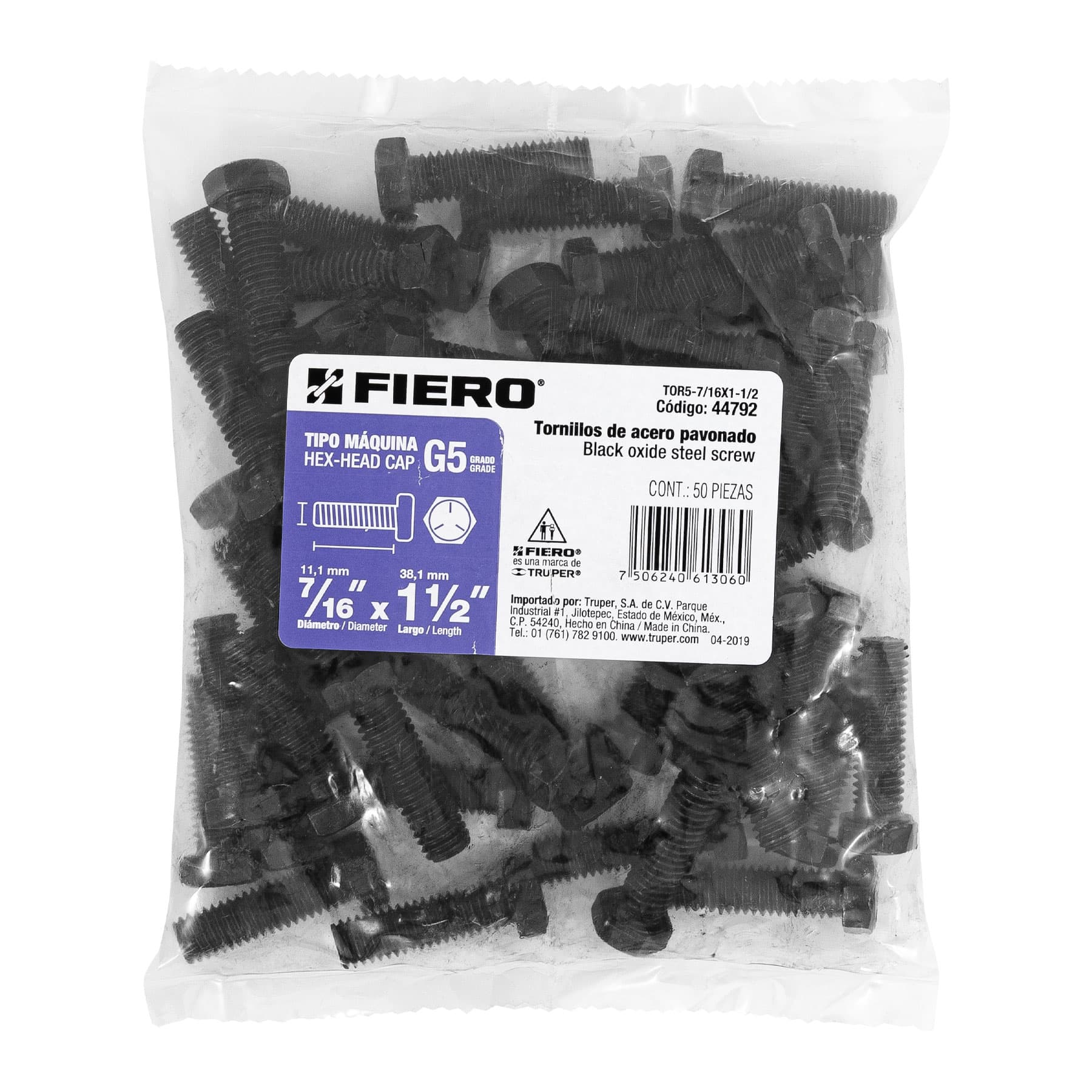 Bolsa con 50 tornillos 7/16" x 1-1/2" acero grado 5, FIERO