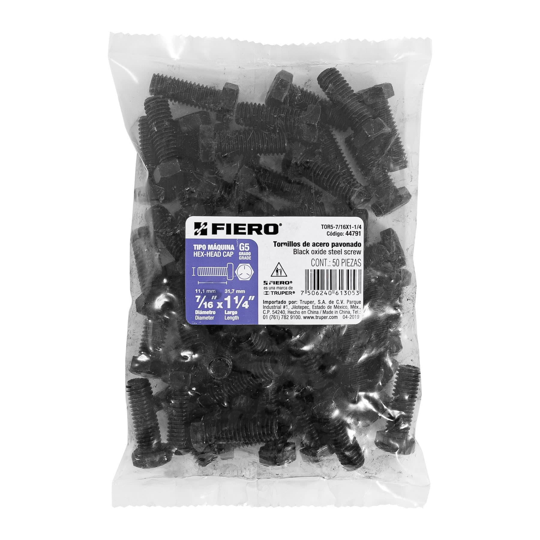 Bolsa con 50 tornillos 7/16" x 1-1/4" acero grado 5, FIERO