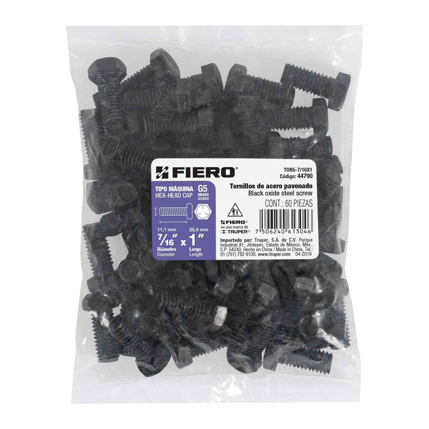 Bolsa con 60 tornillos 7/16" x 1" acero grado 5, FIERO