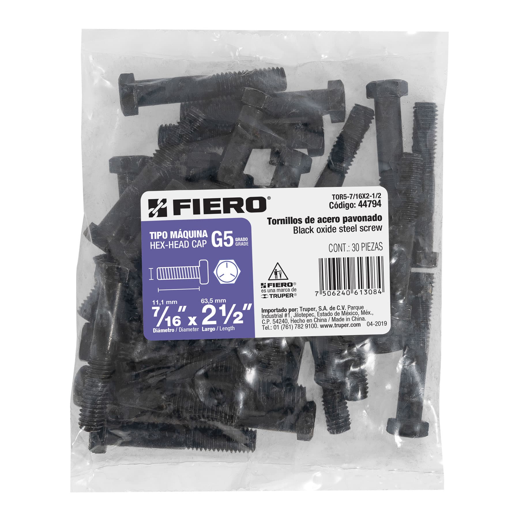 Bolsa con 30 tornillos 7/16" x 2-1/2" acero grado 5, FIERO