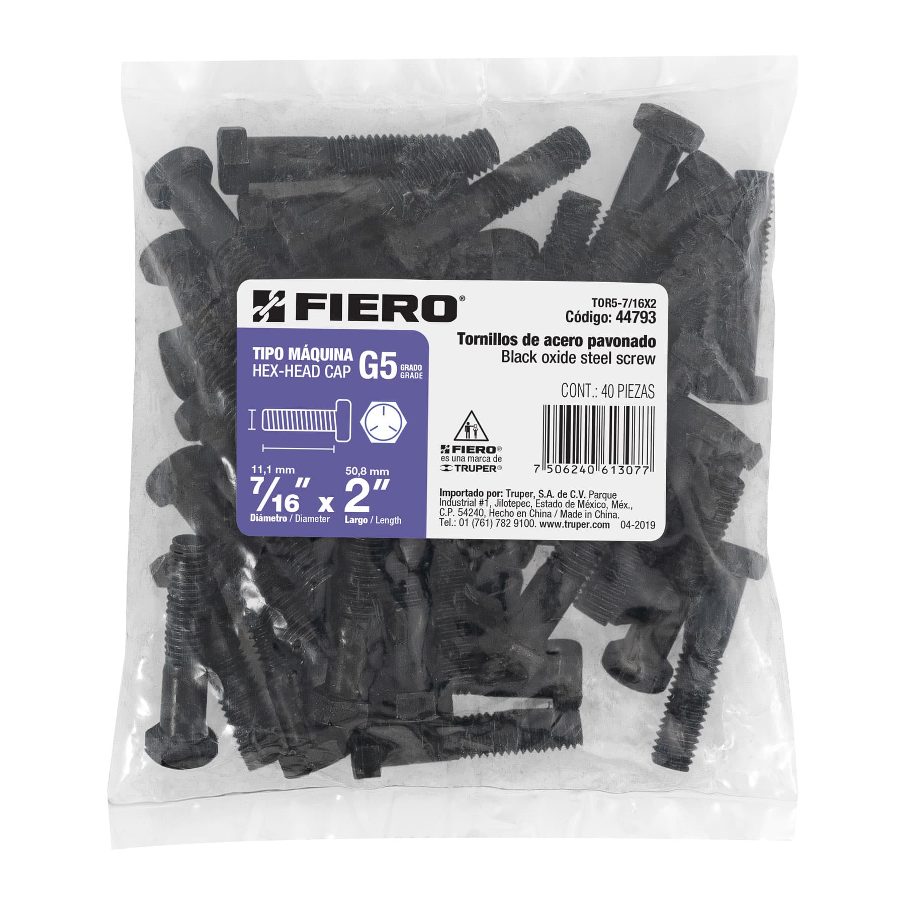 Bolsa con 40 tornillos 7/16" x 2" acero grado 5, FIERO