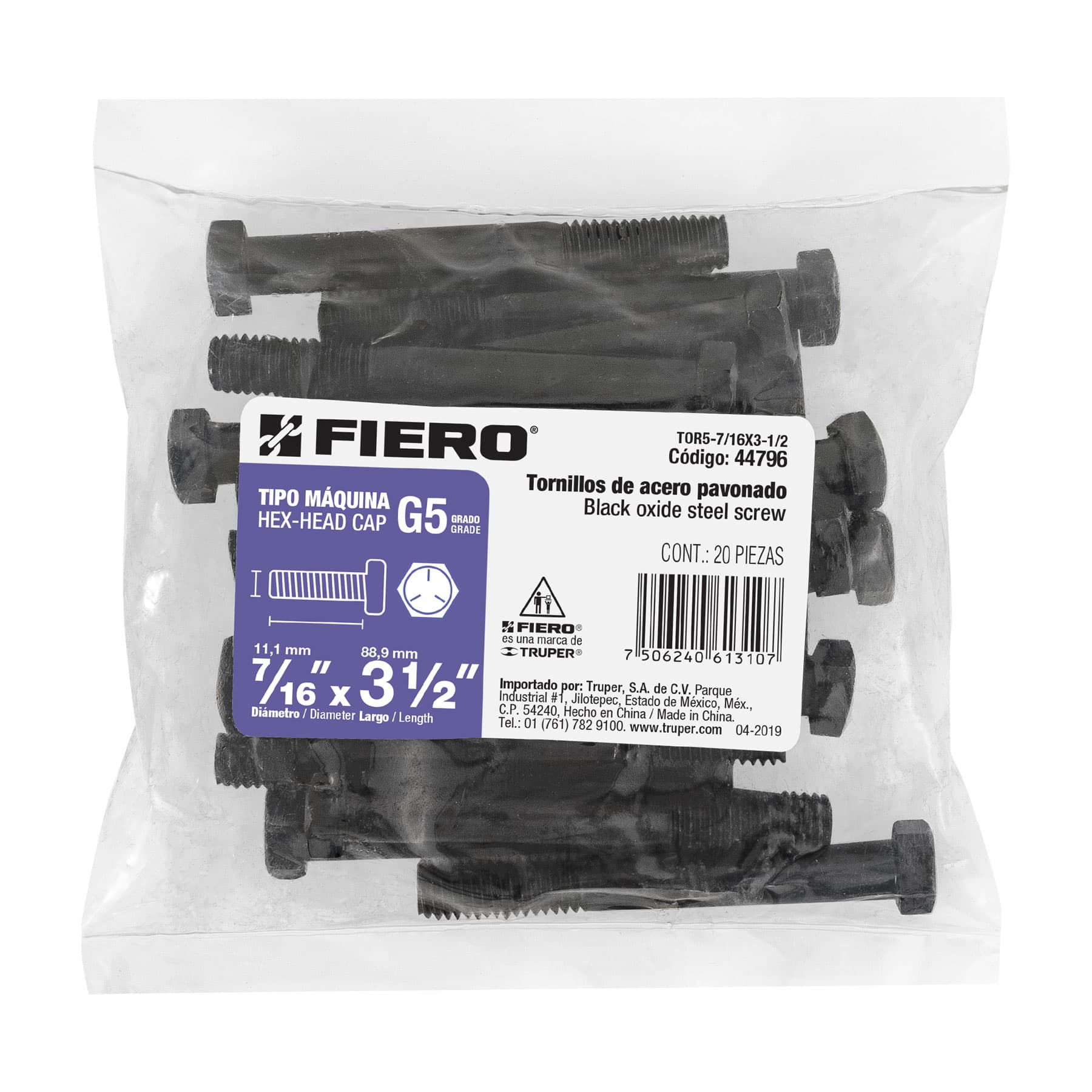 Bolsa con 20 tornillos 7/16" x 3-1/2" acero grado 5, FIERO