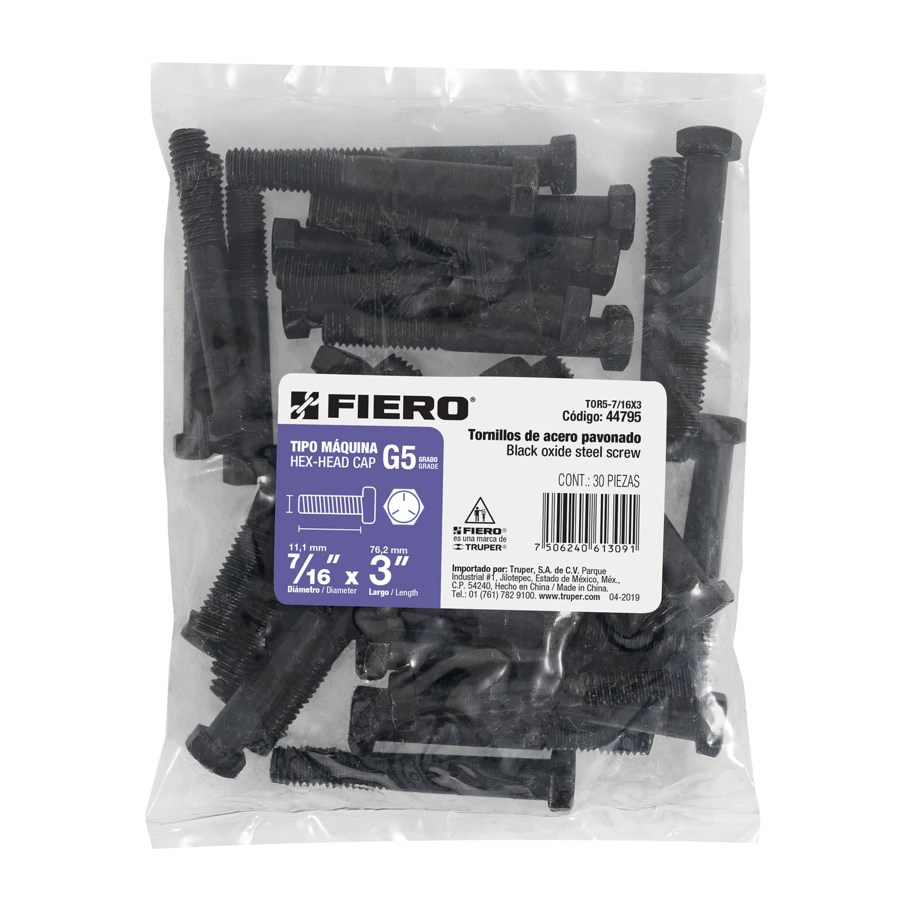 Bolsa con 30 tornillos 7/16" x 3" acero grado 5, FIERO