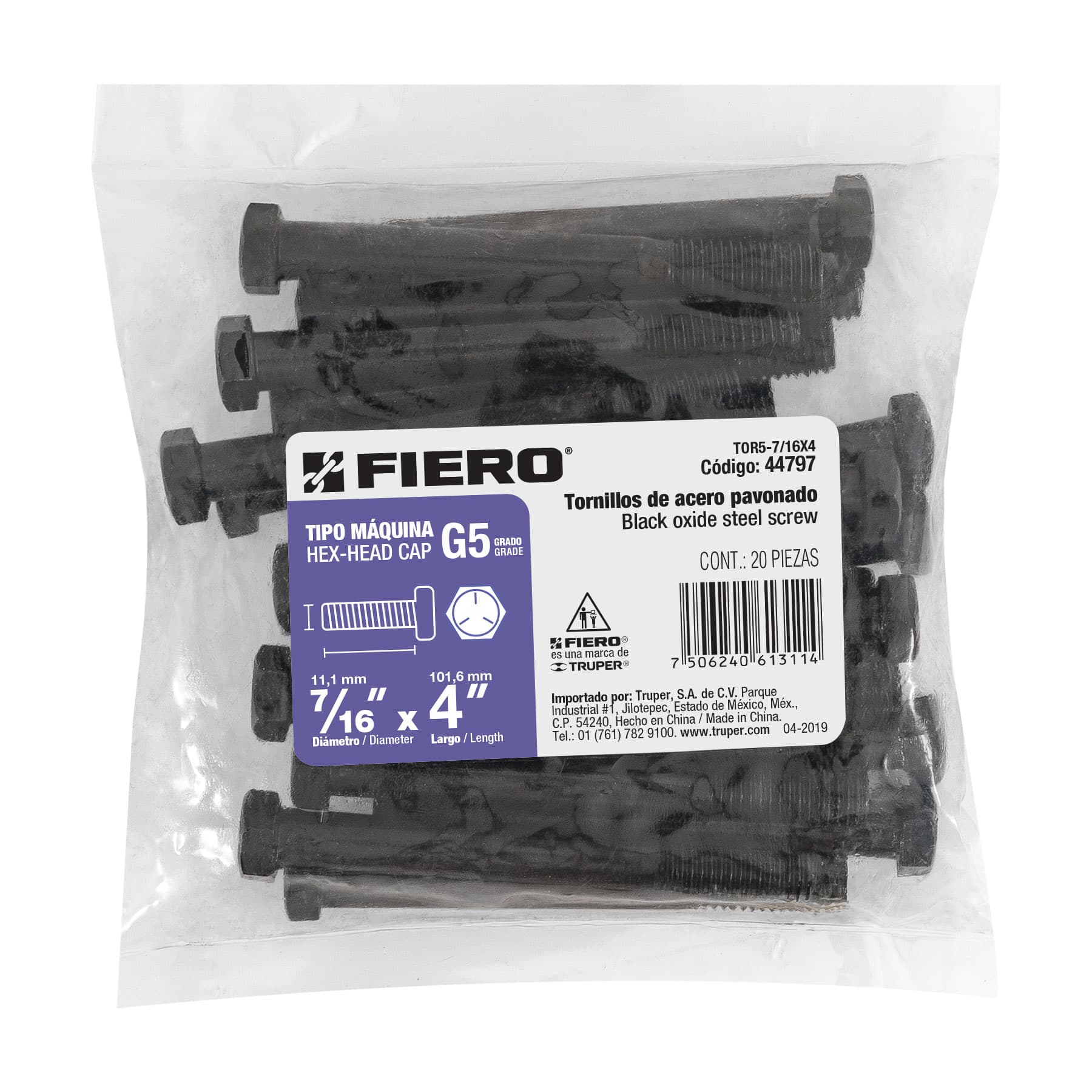 Bolsa con 20 tornillos 7/16" x 4" acero grado 5, FIERO