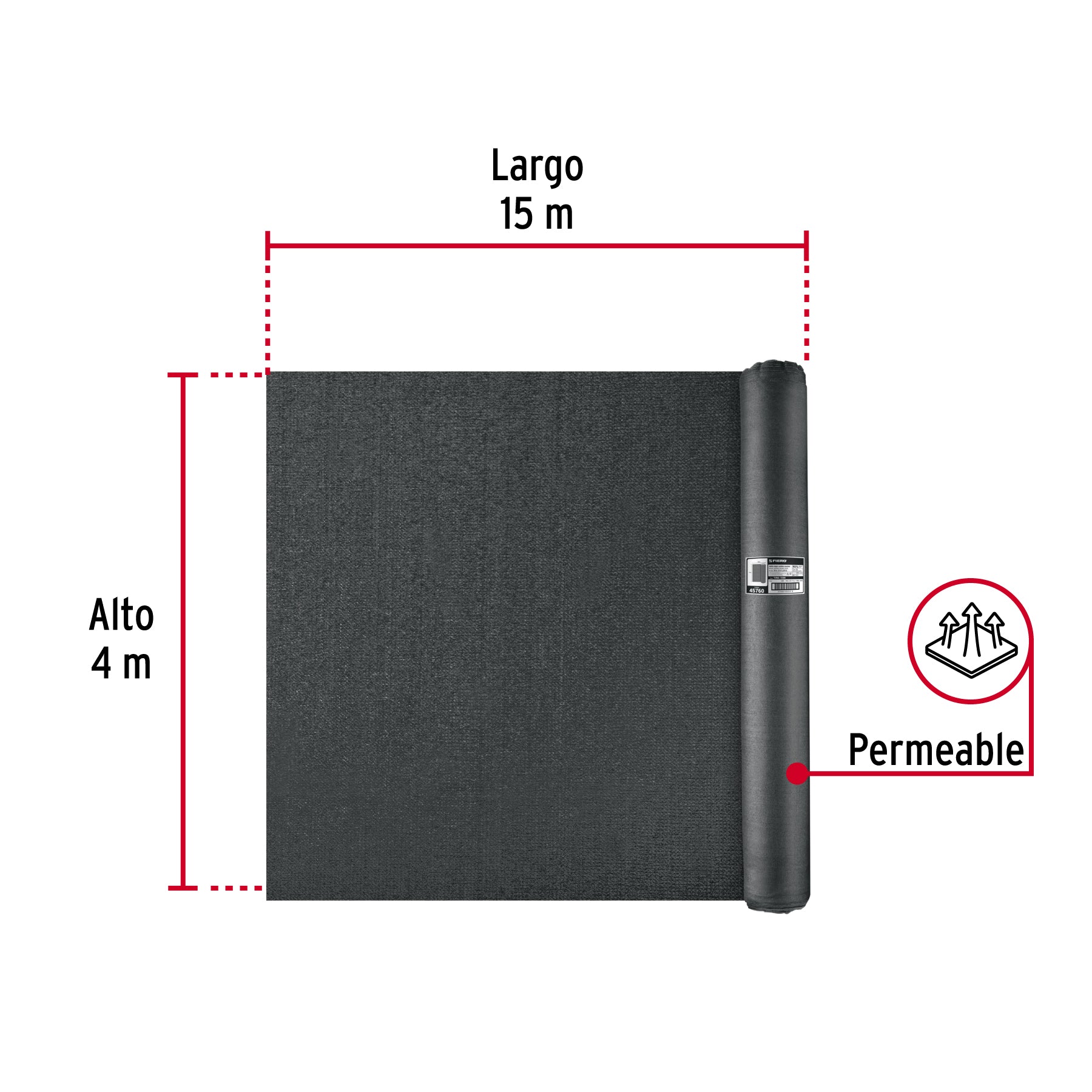 Rollo de malla sombra 90%, raschel negro, 15m x 4m, FIERO