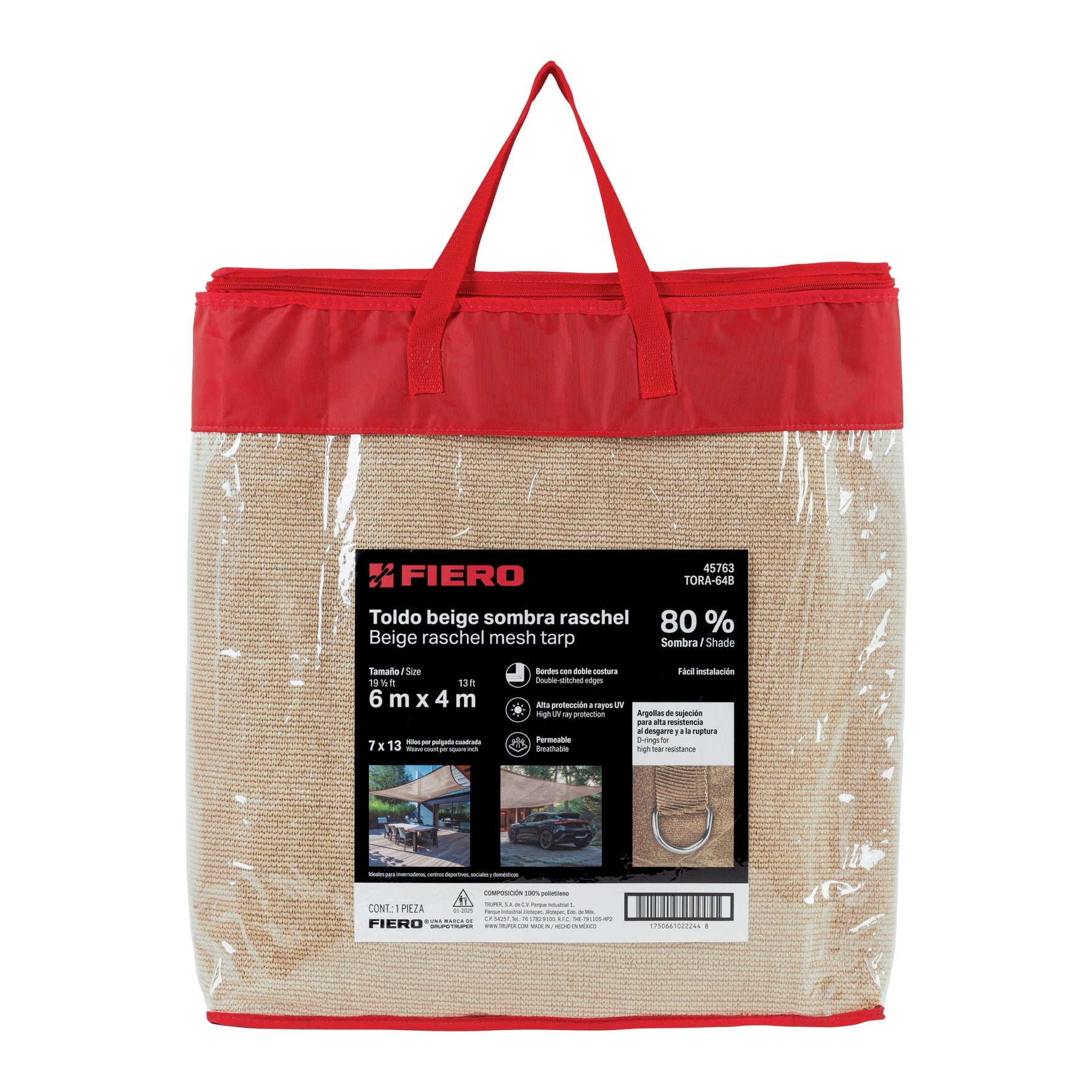 Toldo sombra 80%, raschel beige, 6m x 4m, FIERO