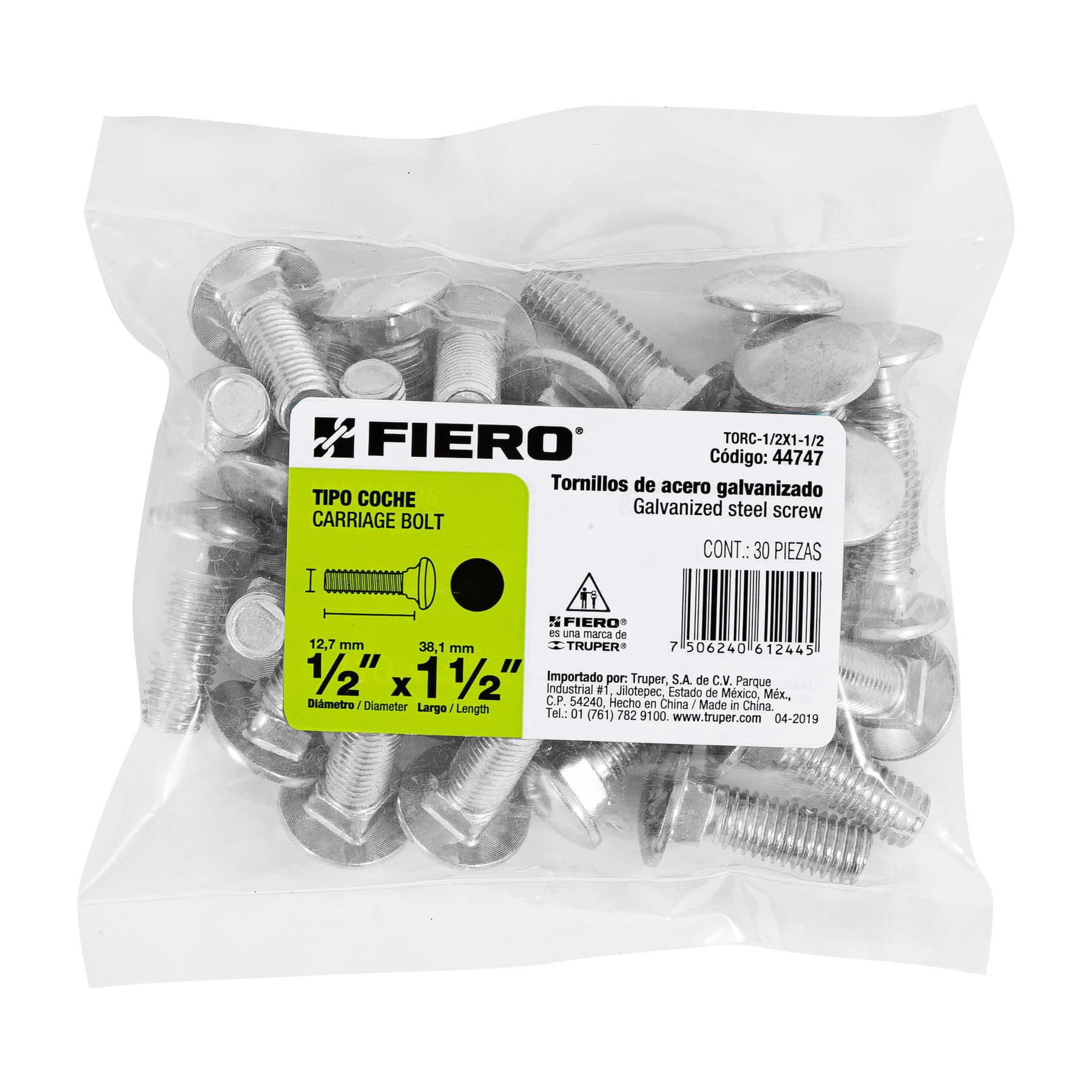 Bolsa con 30 tornillos 1/2" x 1-1/2" tipo coche, FIERO