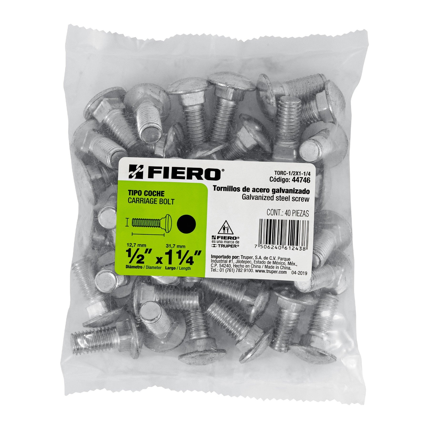 Bolsa con 40 tornillos 1/2" x 1-1/4" tipo coche, FIERO