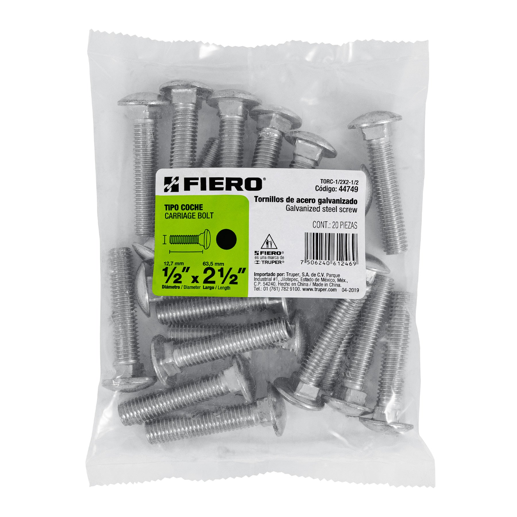 Bolsa con 20 tornillos 1/2" x 2-1/2" tipo coche, FIERO