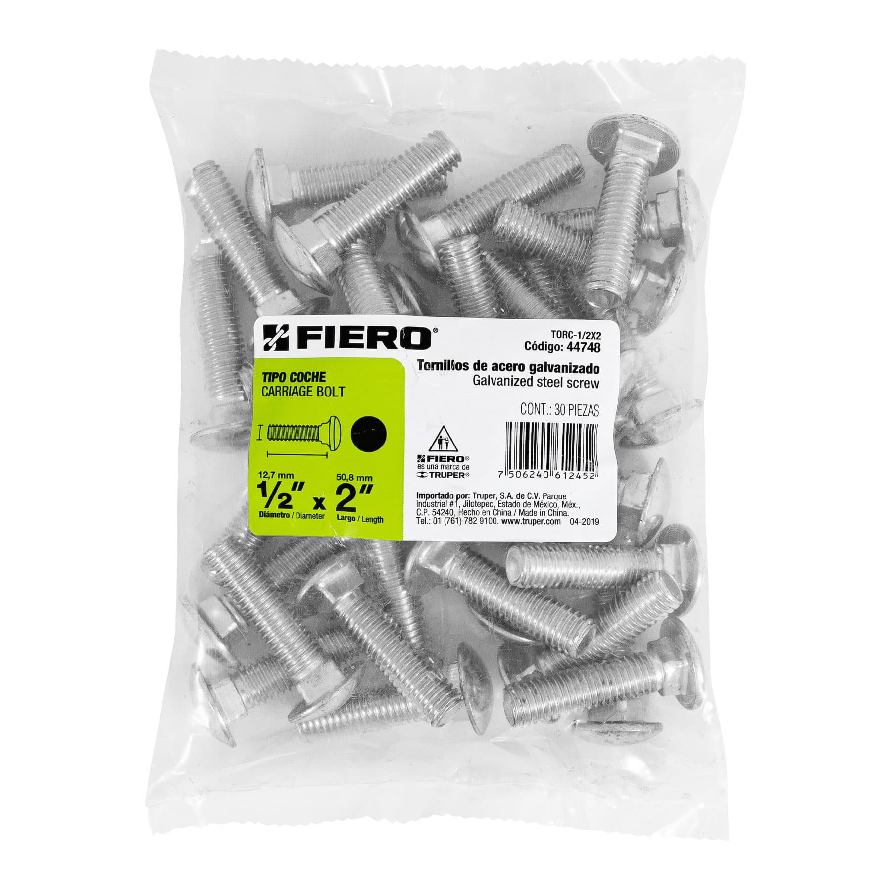 Bolsa con 30 tornillos 1/2" x 2" tipo coche, FIERO