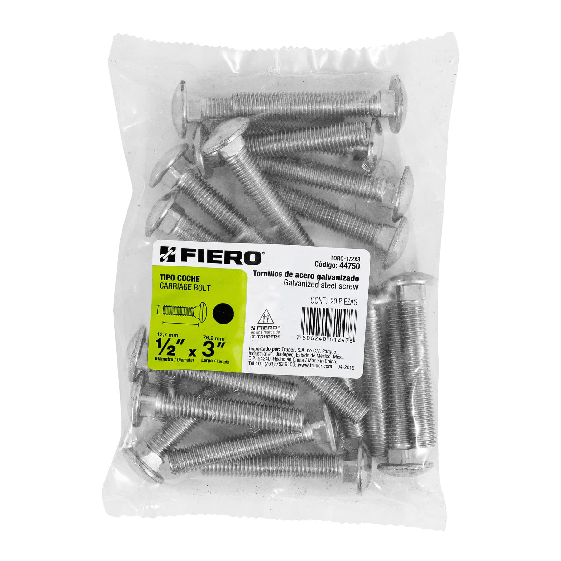 Bolsa con 20 tornillos 1/2" x 3" tipo coche, FIERO