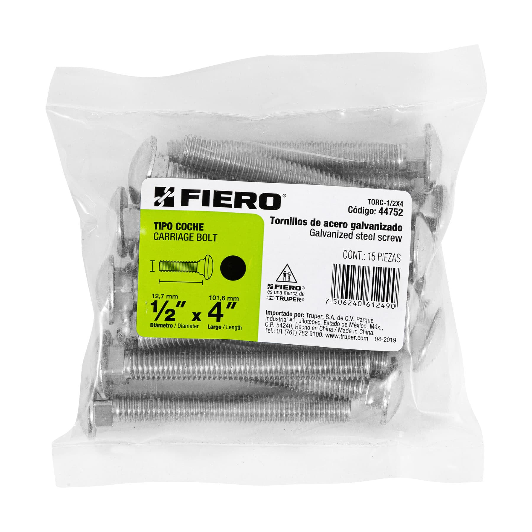 Bolsa con 15 tornillos 1/2" x 4" tipo coche, FIERO