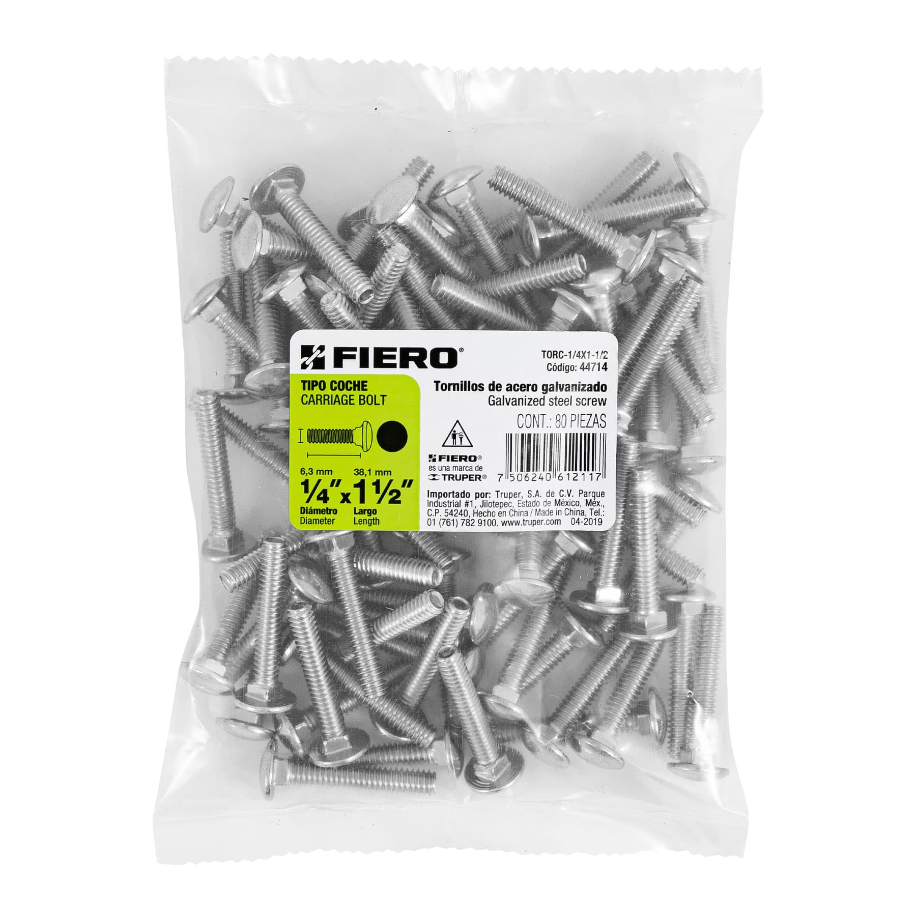 Bolsa con 80 tornillos 1/4" x 1-1/2" tipo coche, FIERO