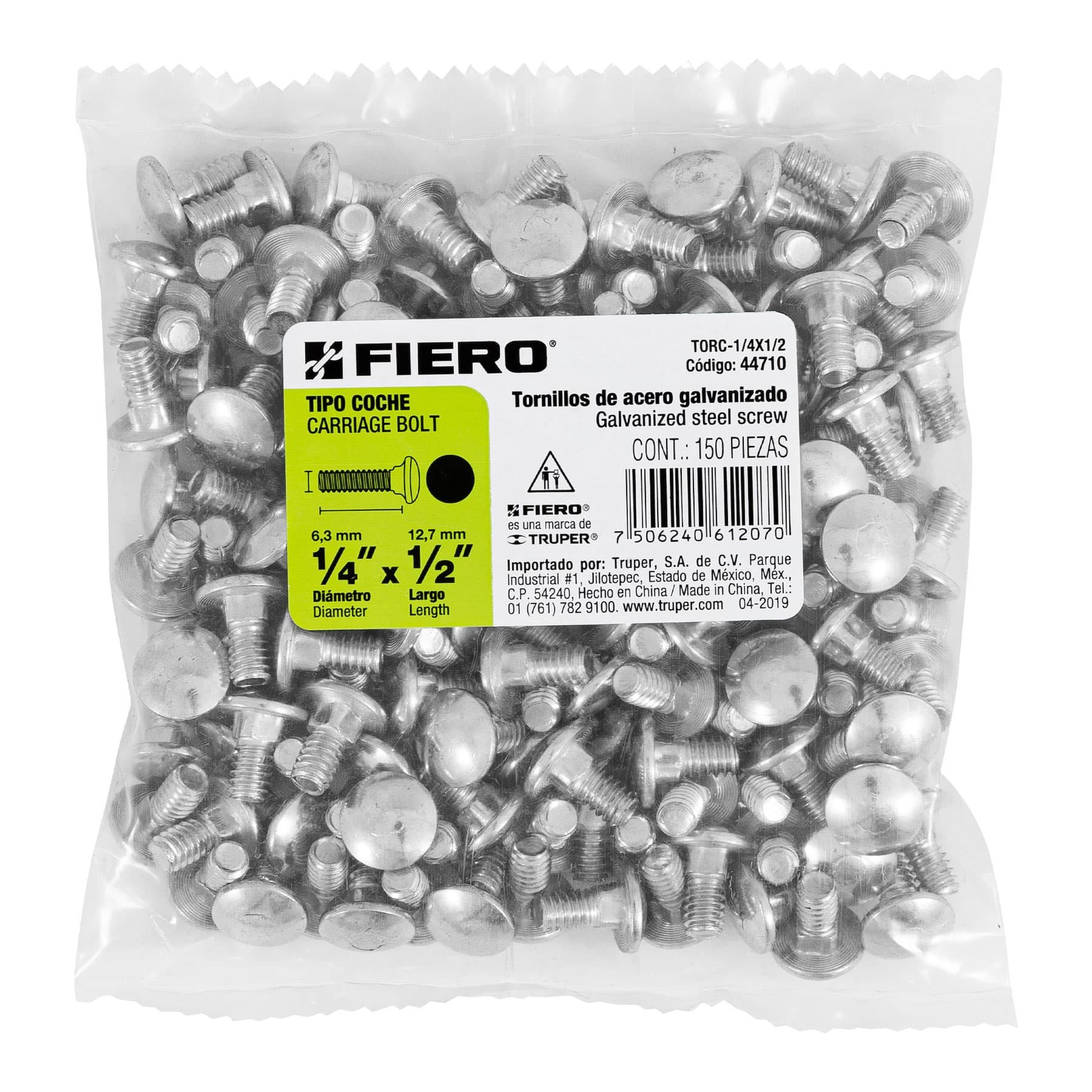 Bolsa con 150 tornillos 1/4" x 1/2" tipo coche, FIERO