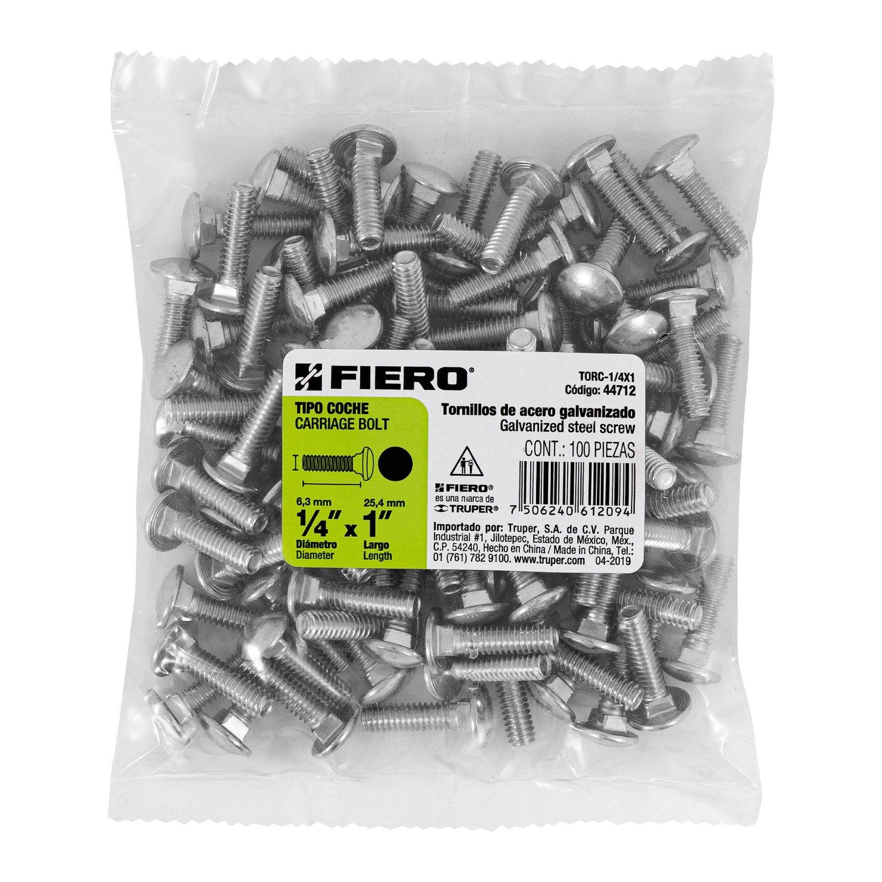 Bolsa con 100 tornillos 1/4" x 1" tipo coche, FIERO