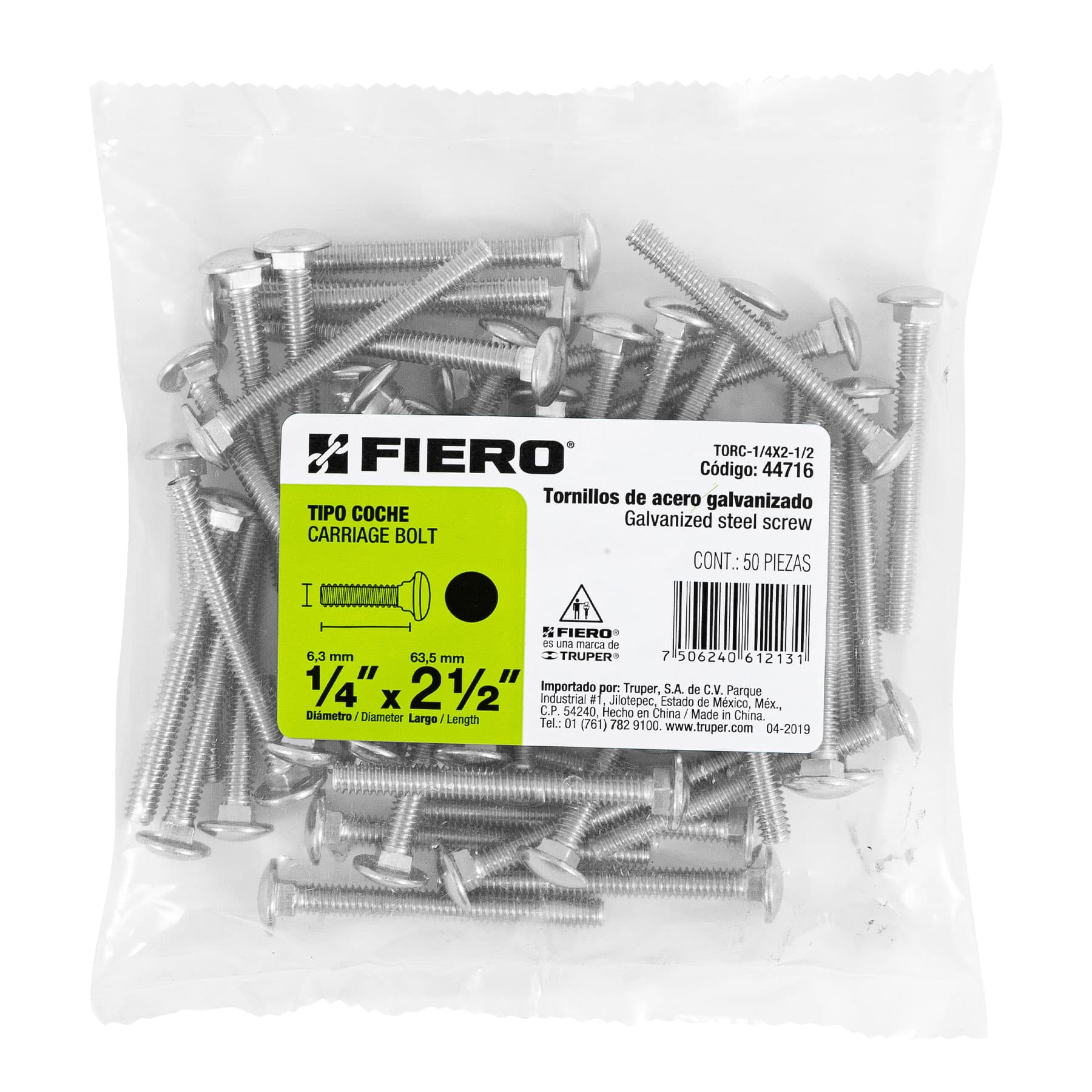 Bolsa con 50 tornillos 1/4" x 2-1/2" tipo coche, FIERO