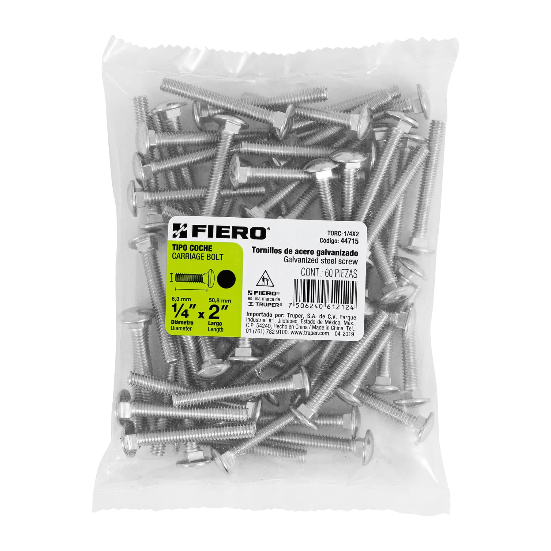 Bolsa con 60 tornillos 1/4" x 2" tipo coche, FIERO