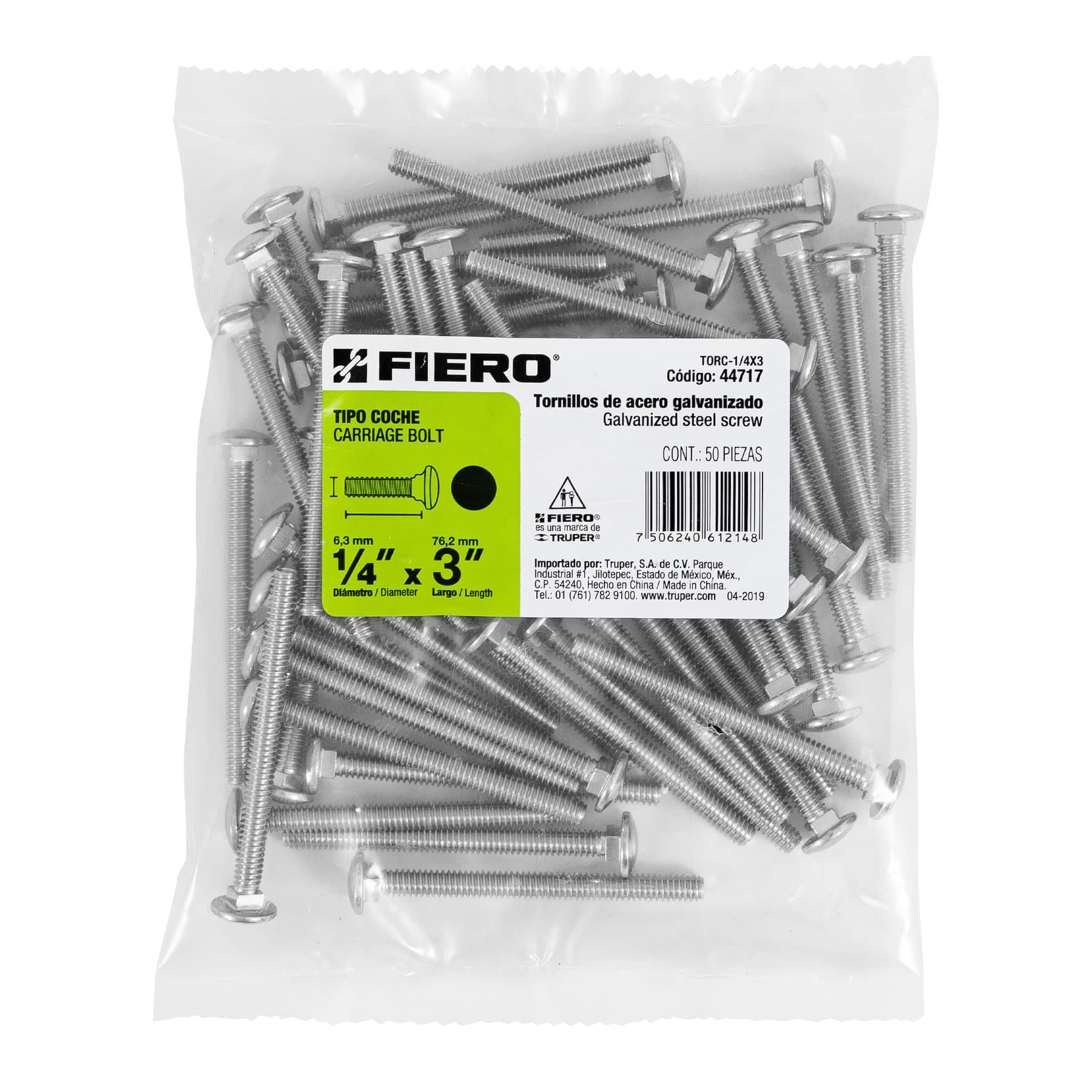 Bolsa con 50 tornillos 1/4" x 3" tipo coche, FIERO