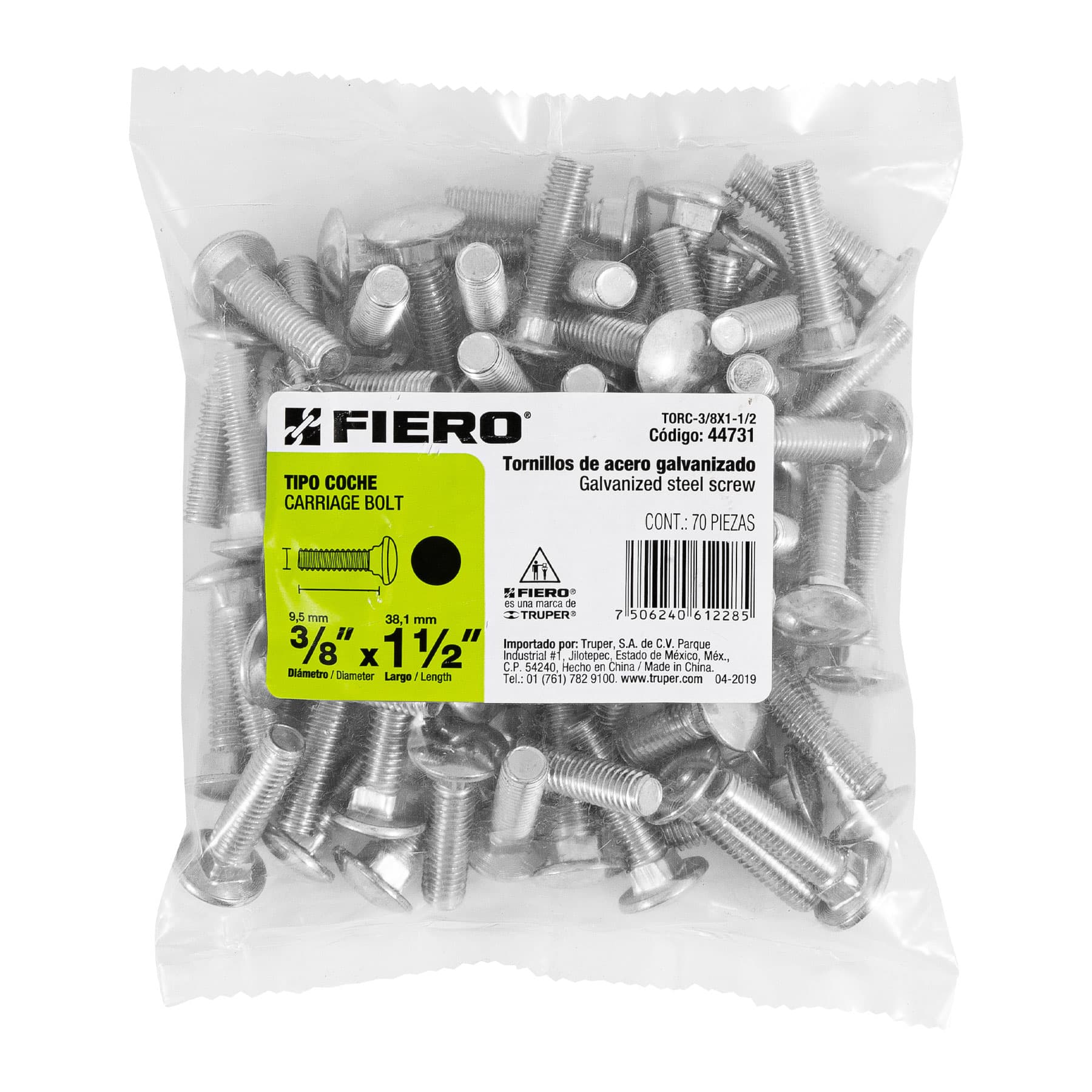 Bolsa con 70 tornillos 3/8" x 1-1/2" tipo coche, FIERO