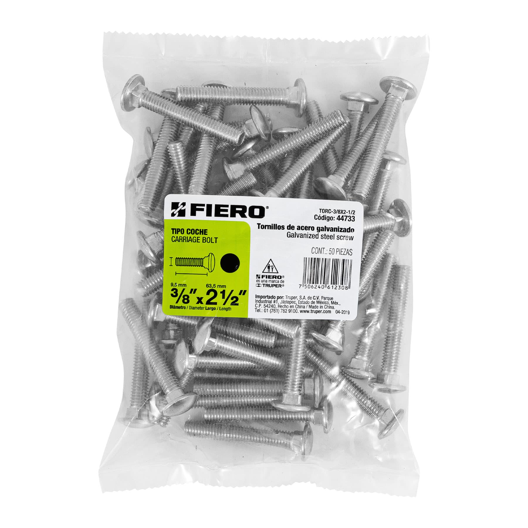Bolsa con 50 tornillos 3/8" x 2-1/2" tipo coche, FIERO