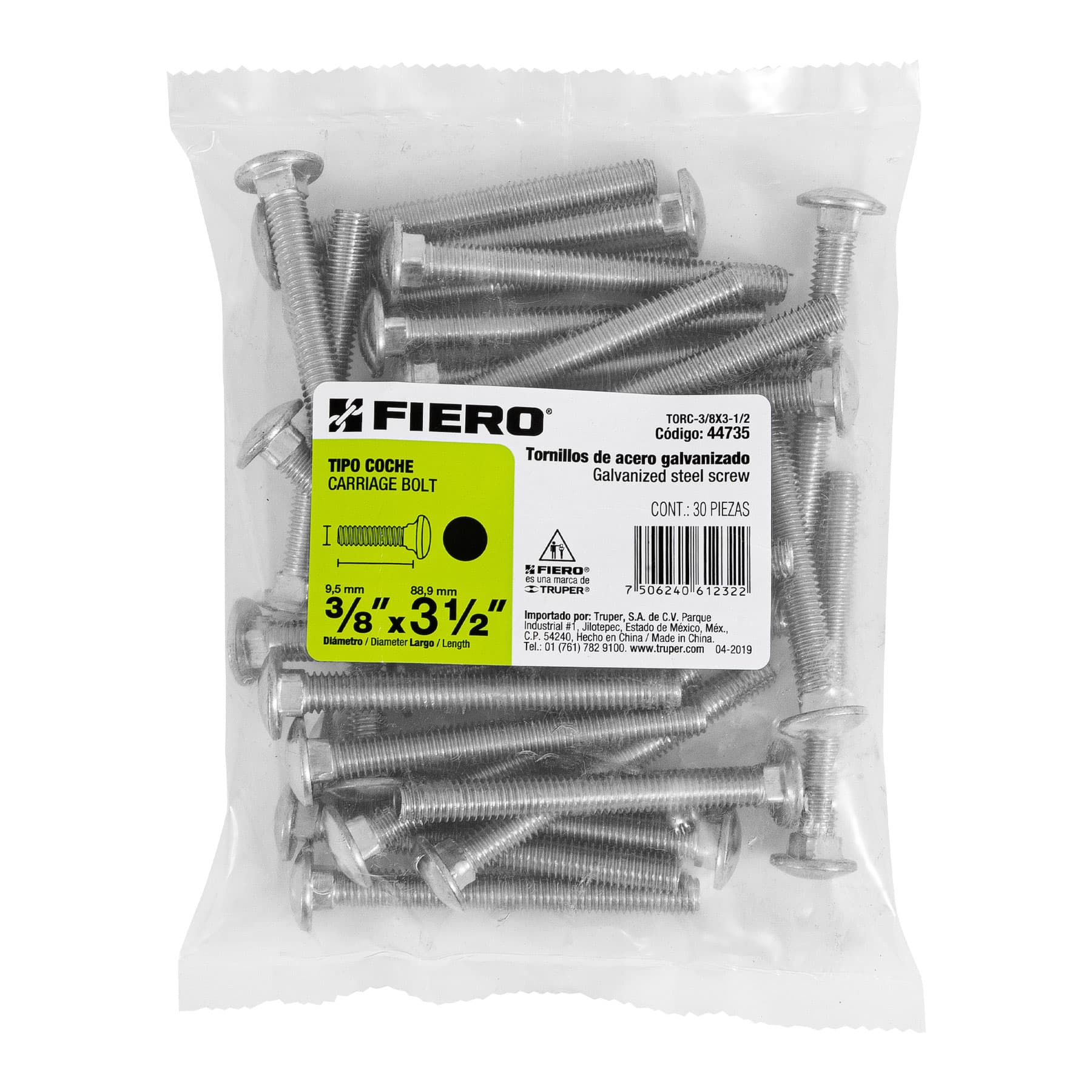 Bolsa con 30 tornillos 3/8" x 3-1/2" tipo coche, FIERO