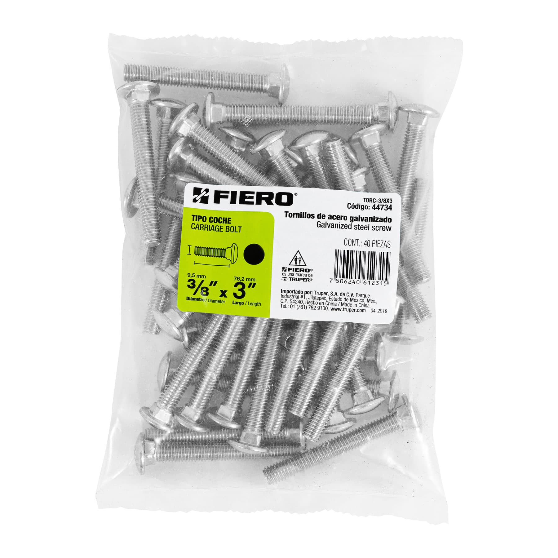 Bolsa con 40 tornillos 3/8" x 3" tipo coche, FIERO