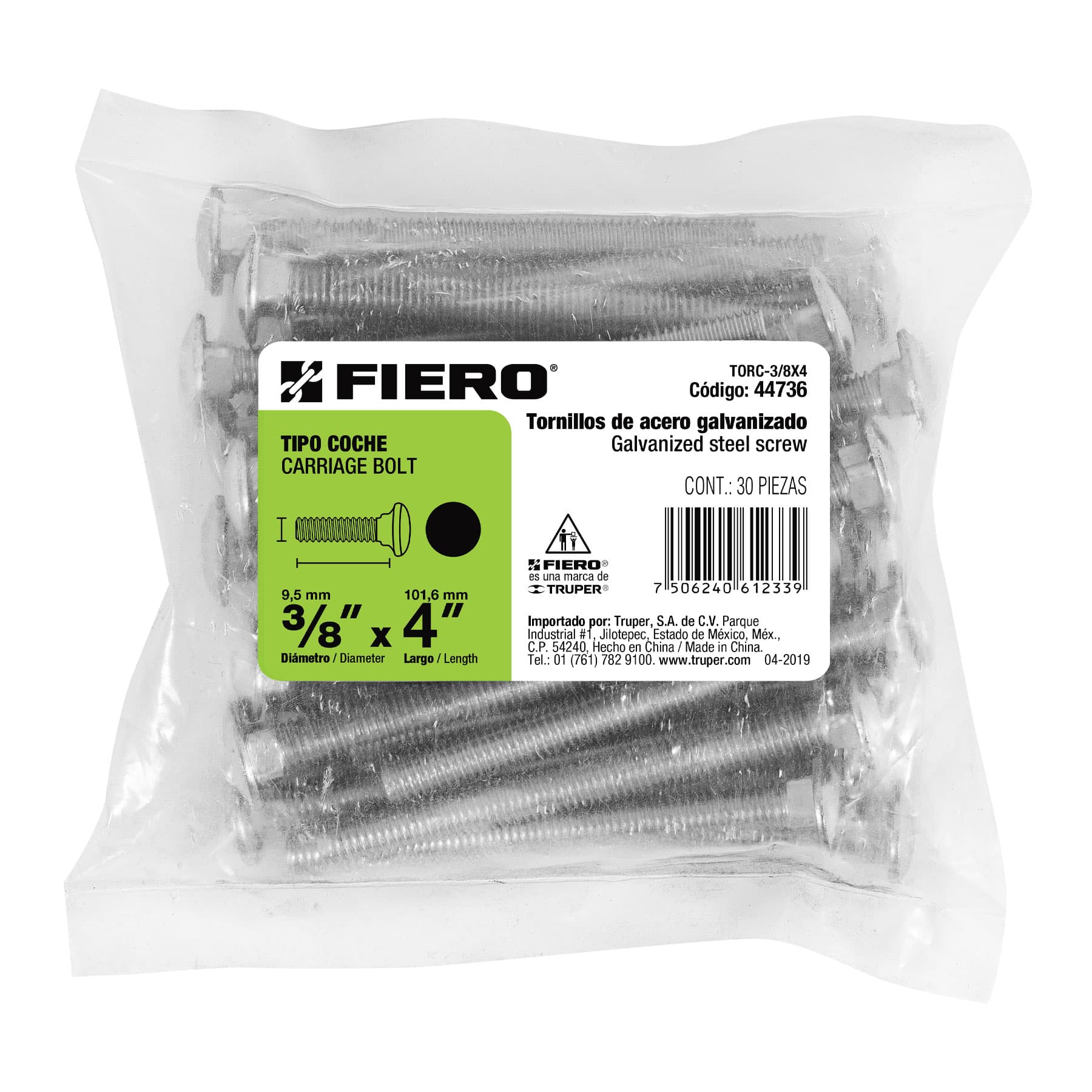 Bolsa con 30 tornillos 3/8" x 4" tipo coche, FIERO