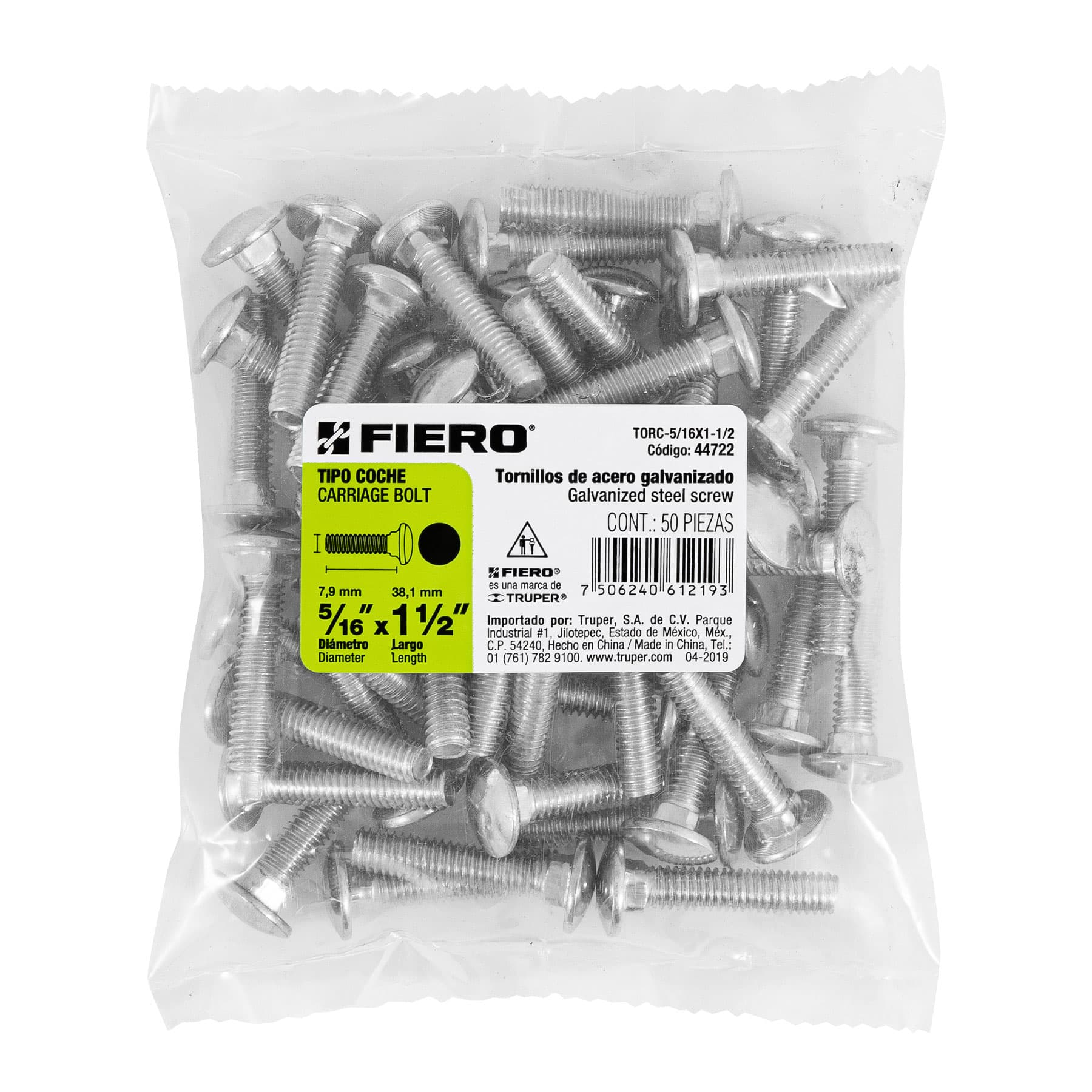 Bolsa con 50 tornillos 5/16" x 1-1/2" tipo coche, FIERO