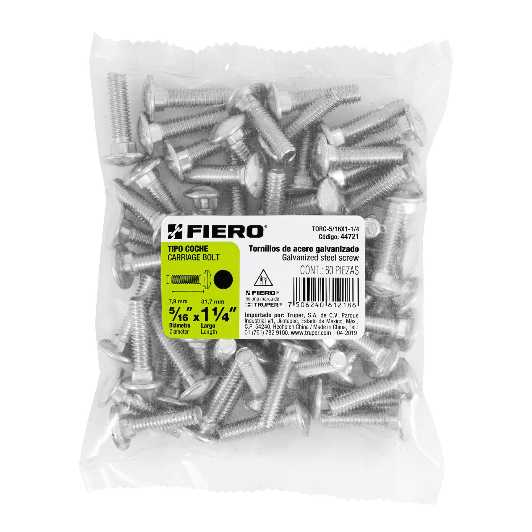 Bolsa con 60 tornillos 5/16" x 1-1/4" tipo coche, FIERO