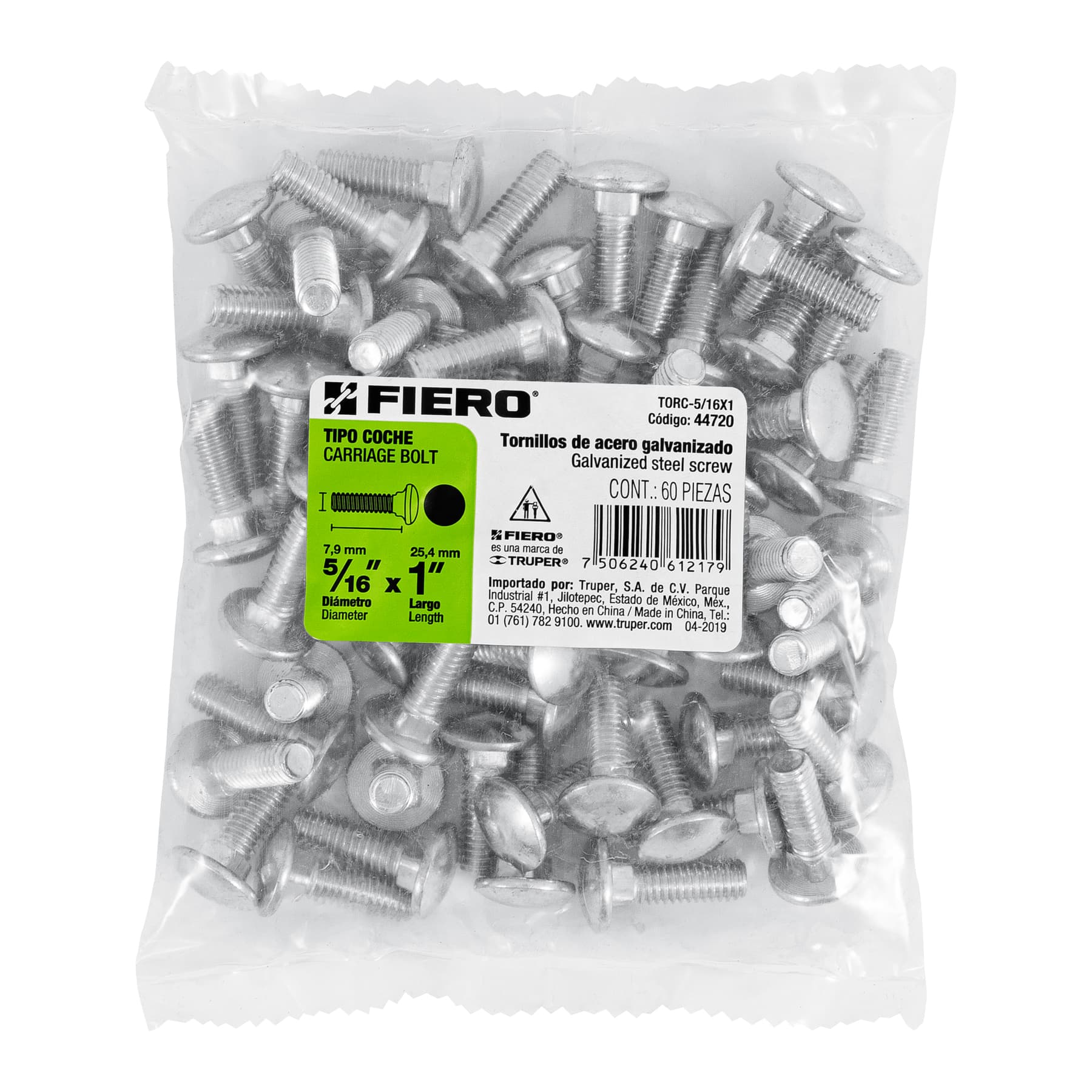 Bolsa con 60 tornillos 5/16" x 1" tipo coche, FIERO