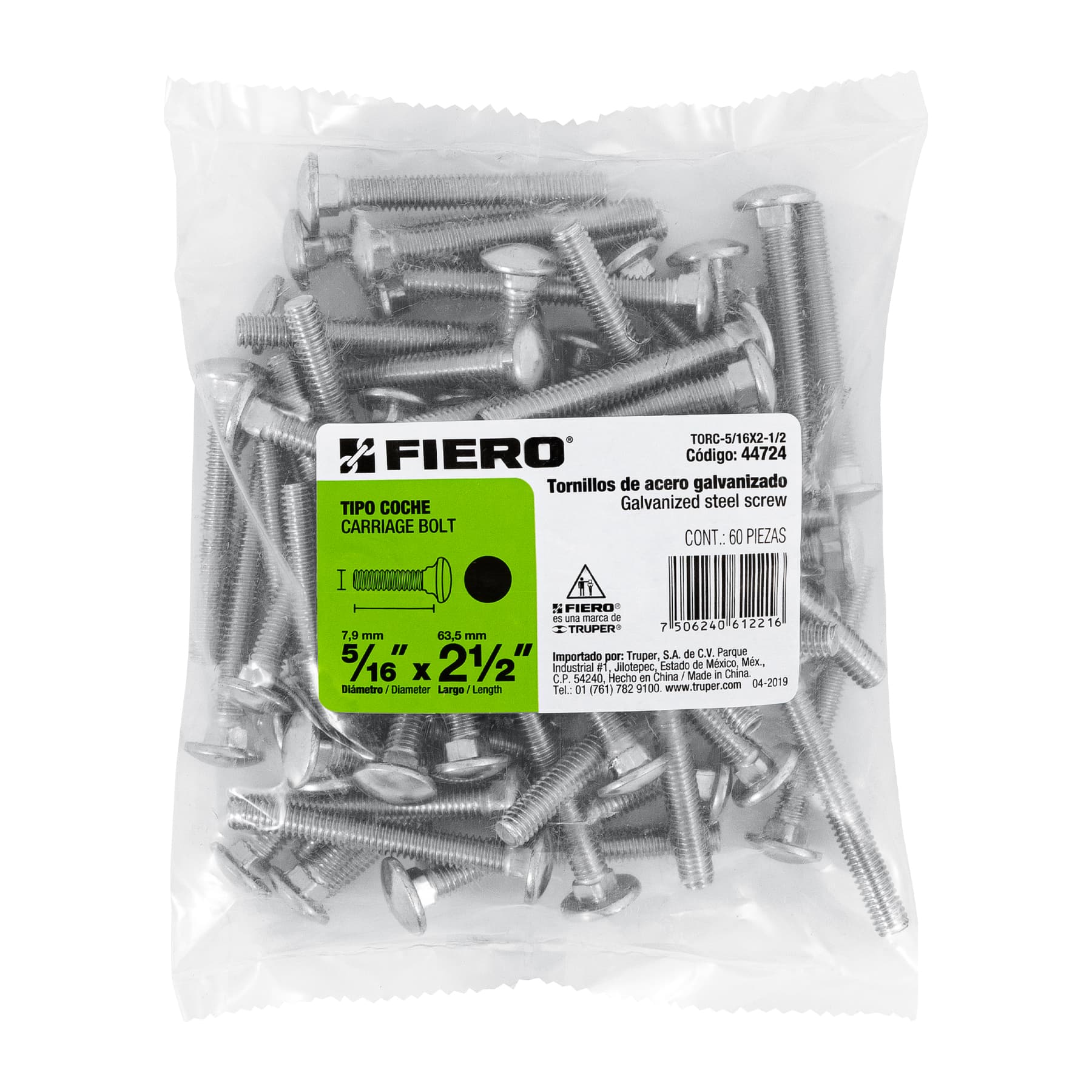 Bolsa con 60 tornillos 5/16" x 2-1/2" tipo coche, FIERO
