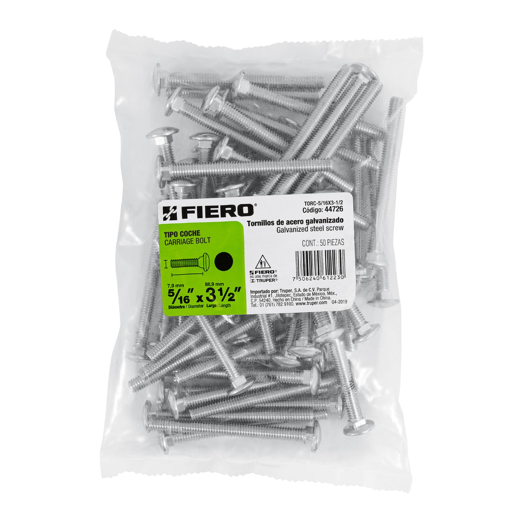 Bolsa con 50 tornillos 5/16" x 3-1/2" tipo coche, FIERO