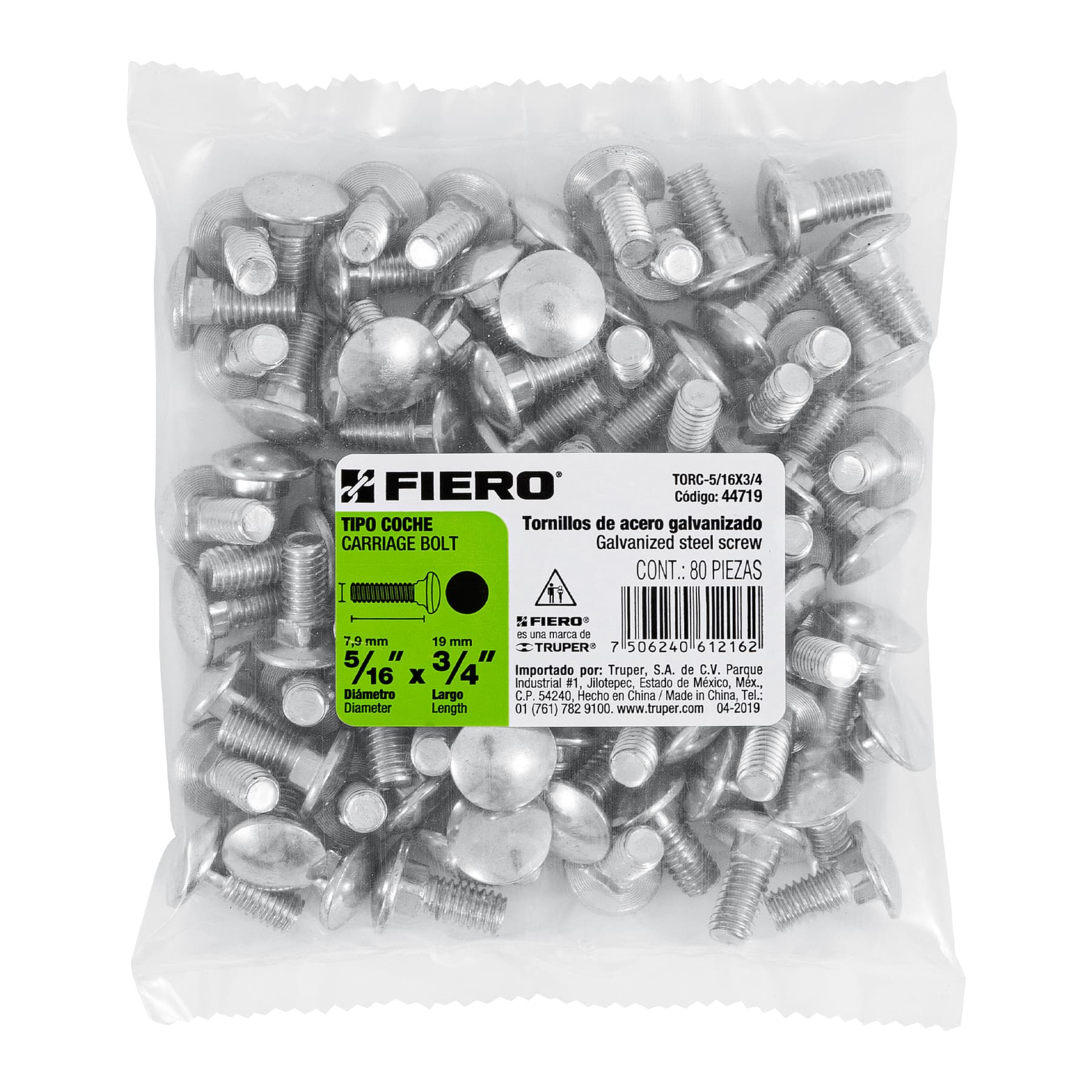 Bolsa con 80 tornillos 5/16" x 3/4" tipo coche, FIERO