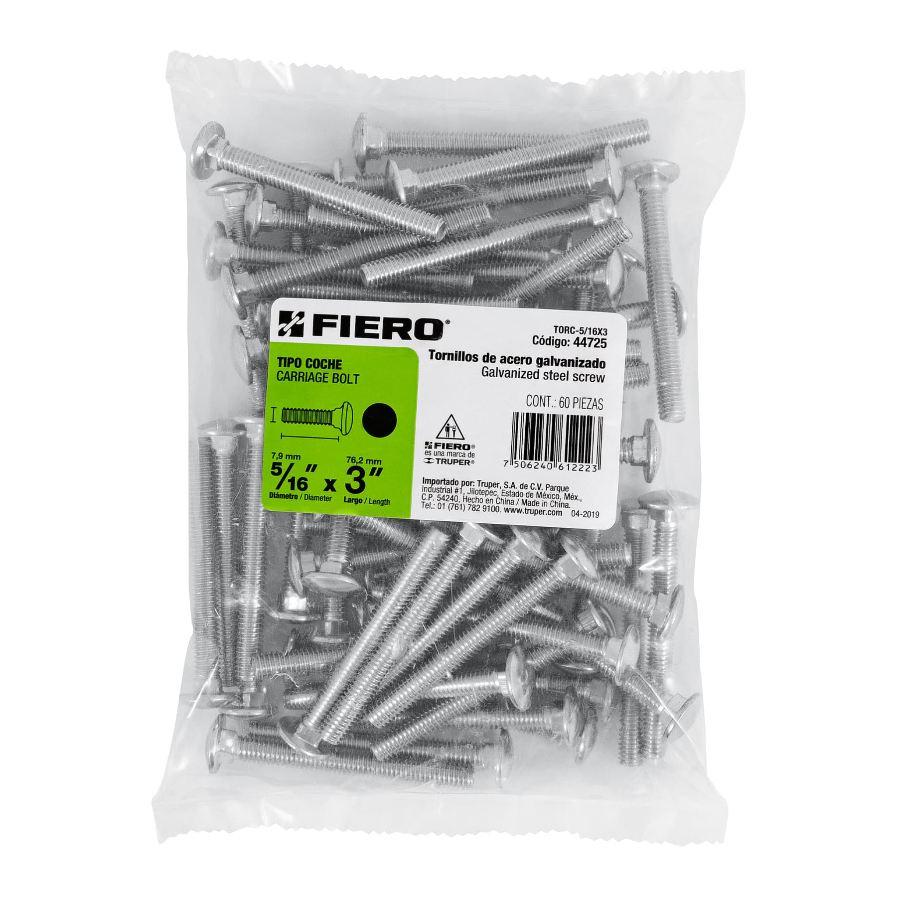 Bolsa con 60 tornillos 5/16" x 3" tipo coche, FIERO